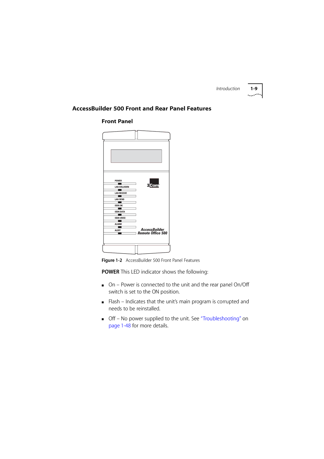 3Com manual AccessBuilder 500 Front and Rear Panel Features, Front Panel 