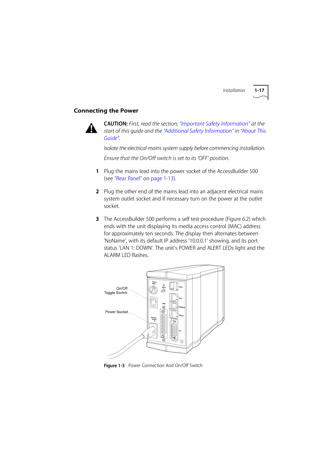 3Com 500 manual Connecting the Power, Ensure that the On/Off switch is set to its ‘OFF’ position 