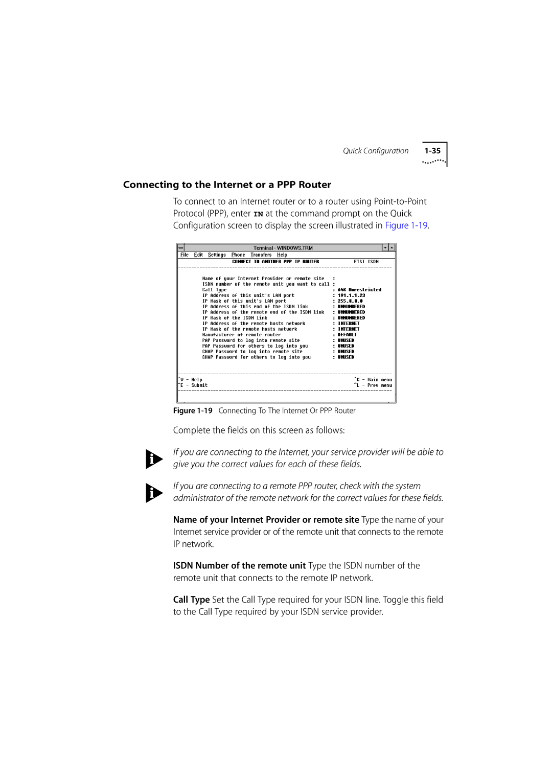 3Com 500 manual Connecting to the Internet or a PPP Router, Complete the fields on this screen as follows 