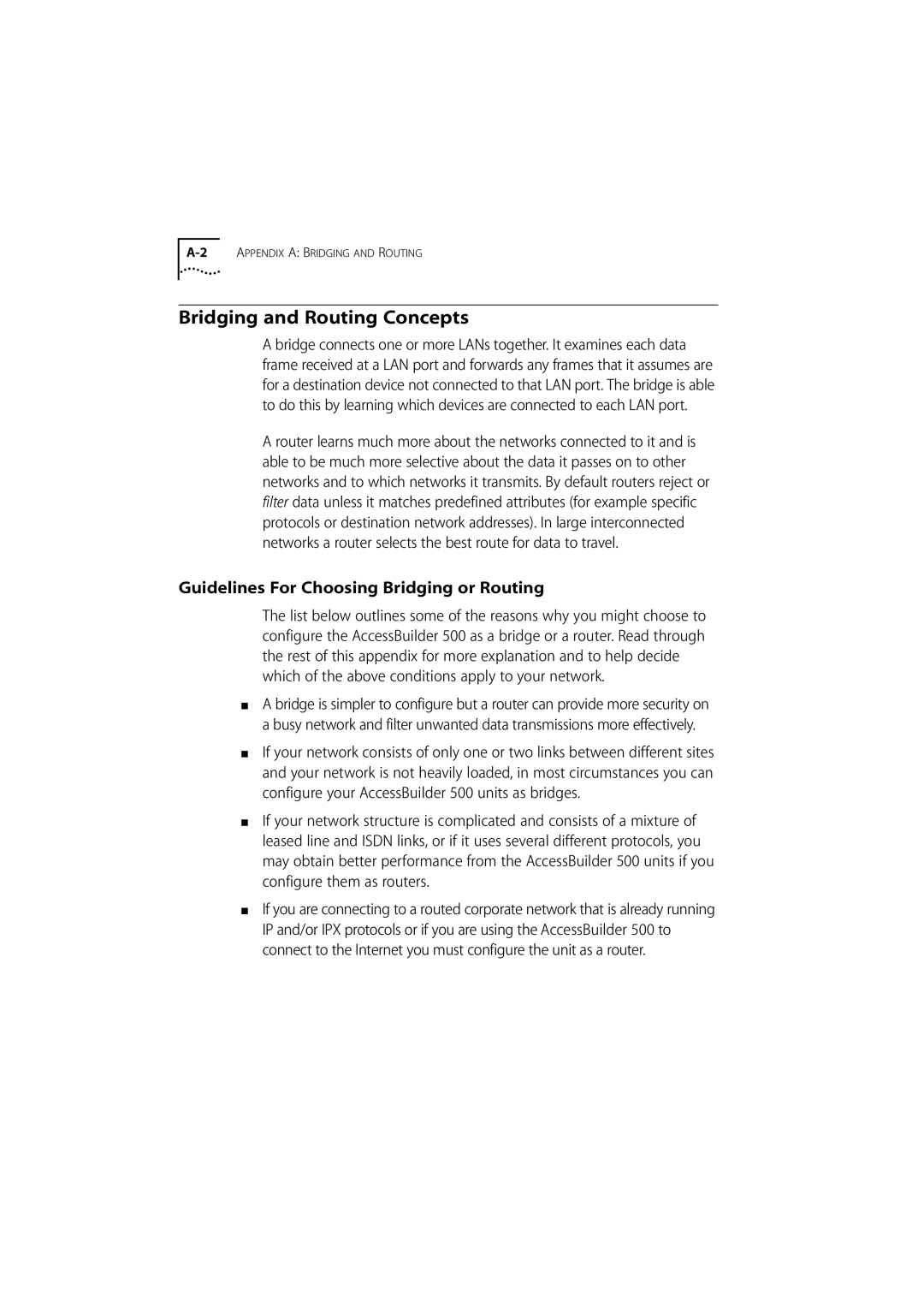 3Com 500 manual Bridging and Routing Concepts, Guidelines For Choosing Bridging or Routing 