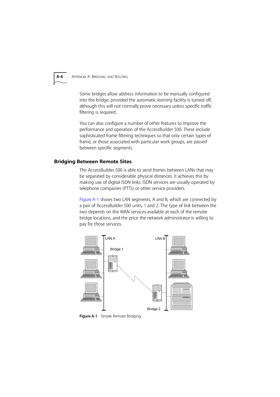 3Com 500 manual Bridging Between Remote Sites, Figure A-1 Simple Remote Bridging 