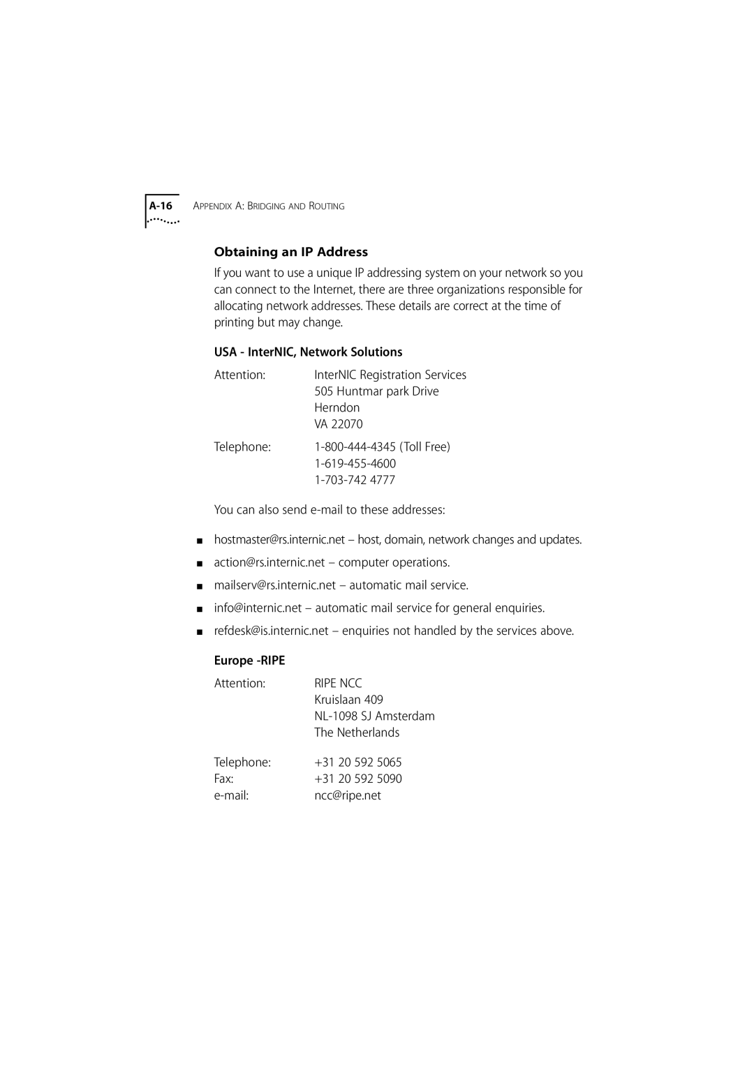 3Com 500 manual Obtaining an IP Address, USA InterNIC, Network Solutions, Huntmar park Drive, Herndon, Telephone, 703-742 