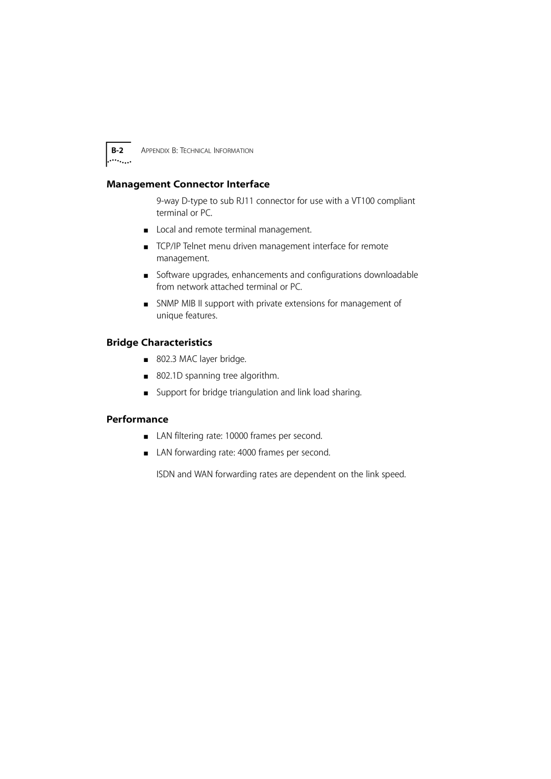 3Com 500 manual Management Connector Interface, Bridge Characteristics, Performance 