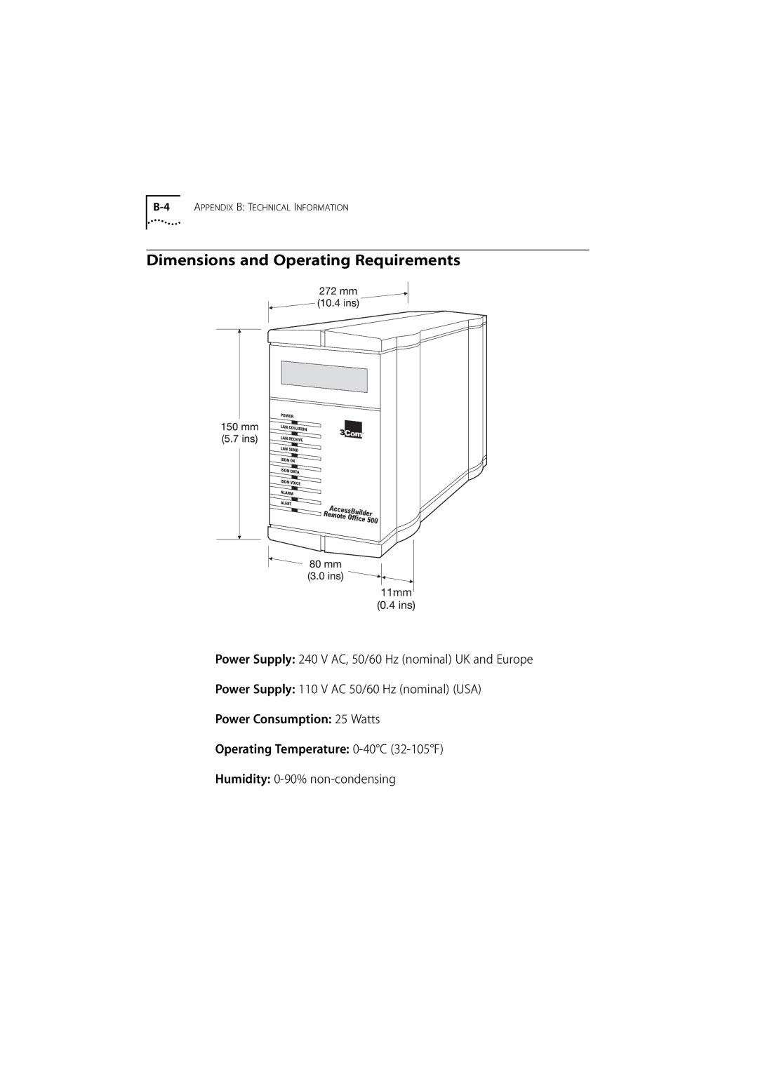 3Com 500 manual Dimensions and Operating Requirements 