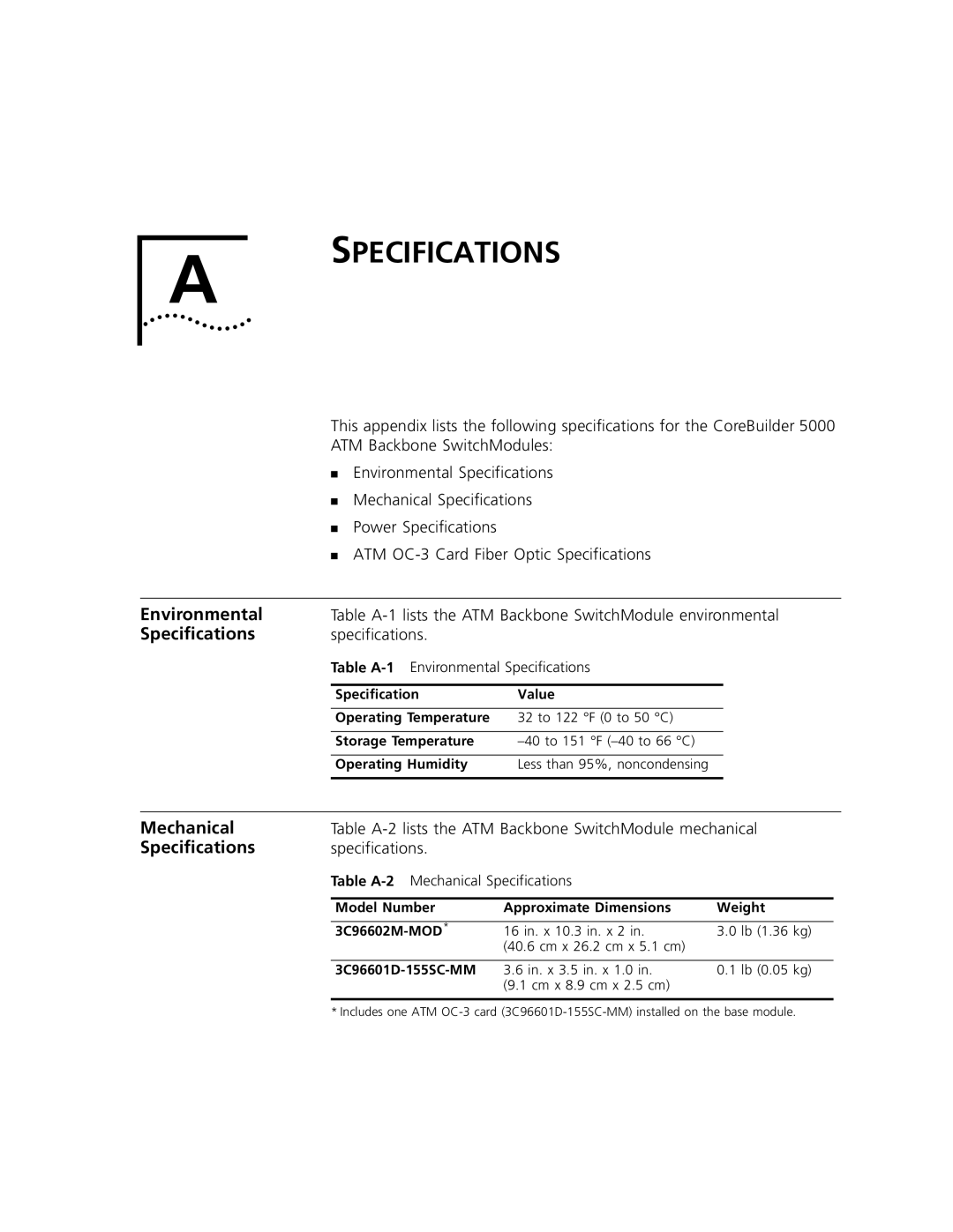 3Com 5000 ATM manual Specifications, Environmental, Mechanical 