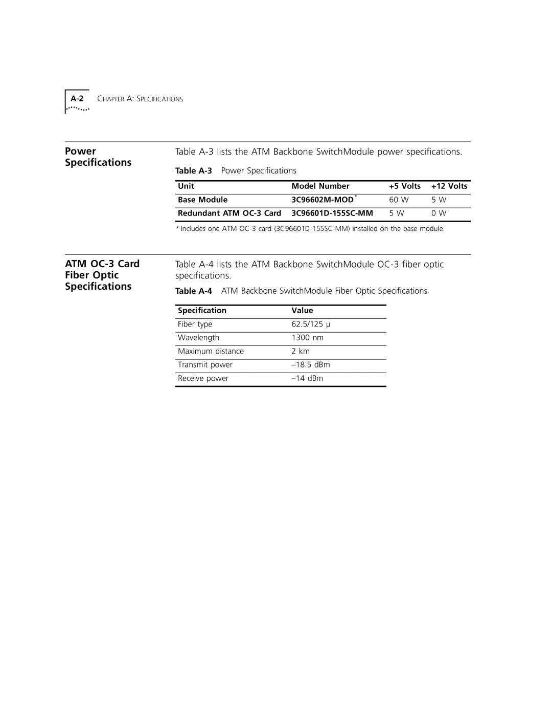 3Com 5000 ATM manual Power, ATM OC-3 Card Fiber Optic Specifications, Specification Value 