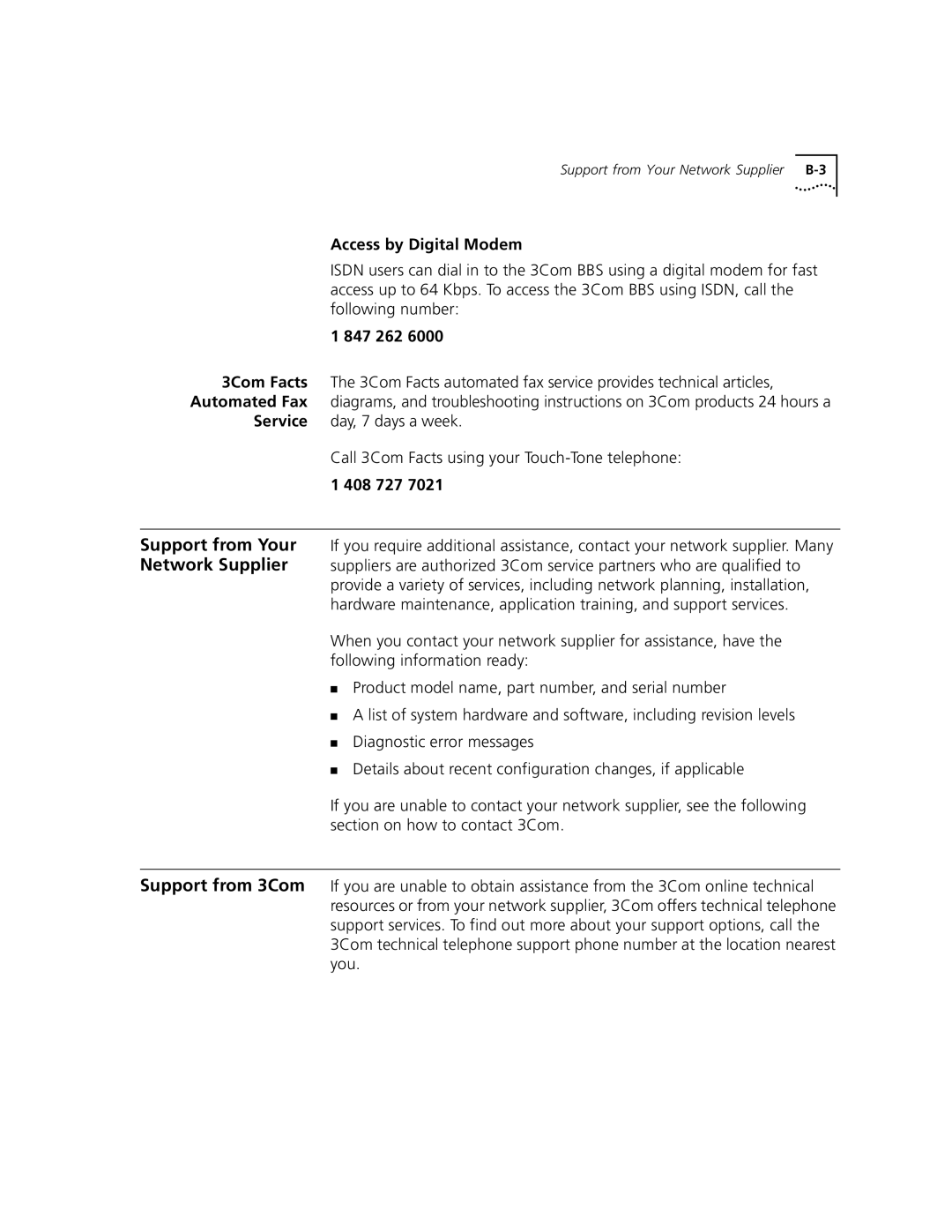 3Com 5000 ATM manual Access by Digital Modem, 847 262, 408 727 