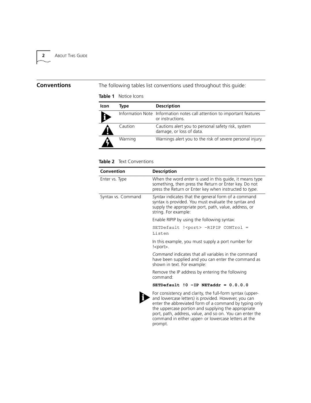 3Com 5000 ATM manual Conventions, Icon Type Description, Convention Description, SETDefault !0 -IP NETaddr = 