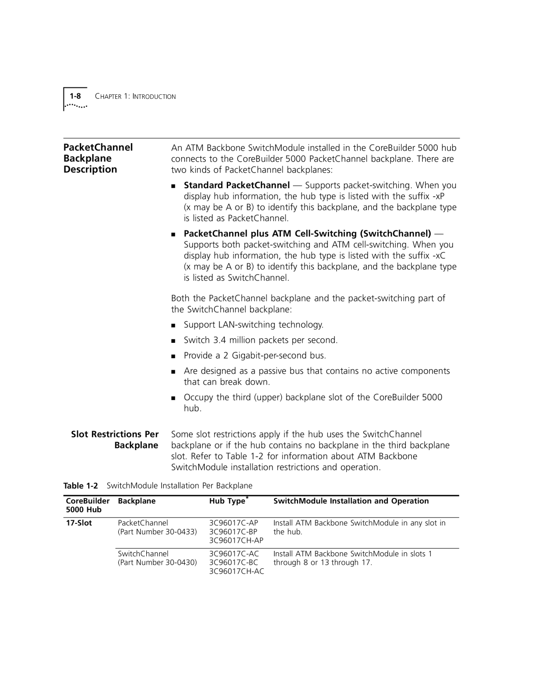 3Com 5000 ATM manual Backplane, Description, PacketChannel plus ATM Cell-Switching SwitchChannel 