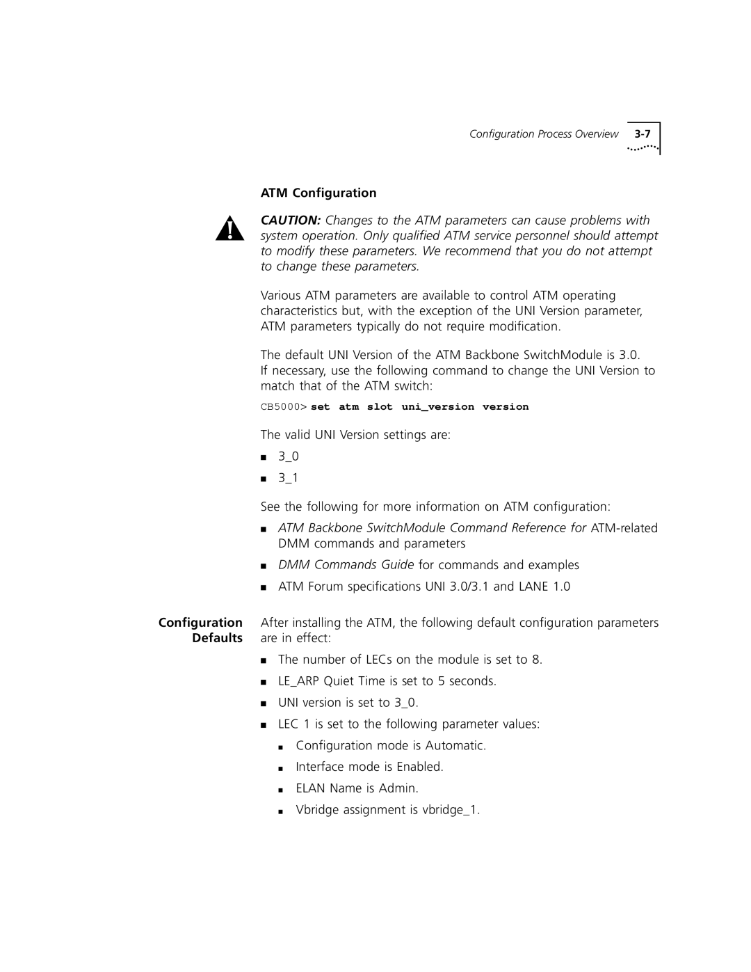 3Com 5000 ATM manual ATM Configuration, CB5000 set atm slot universion version 