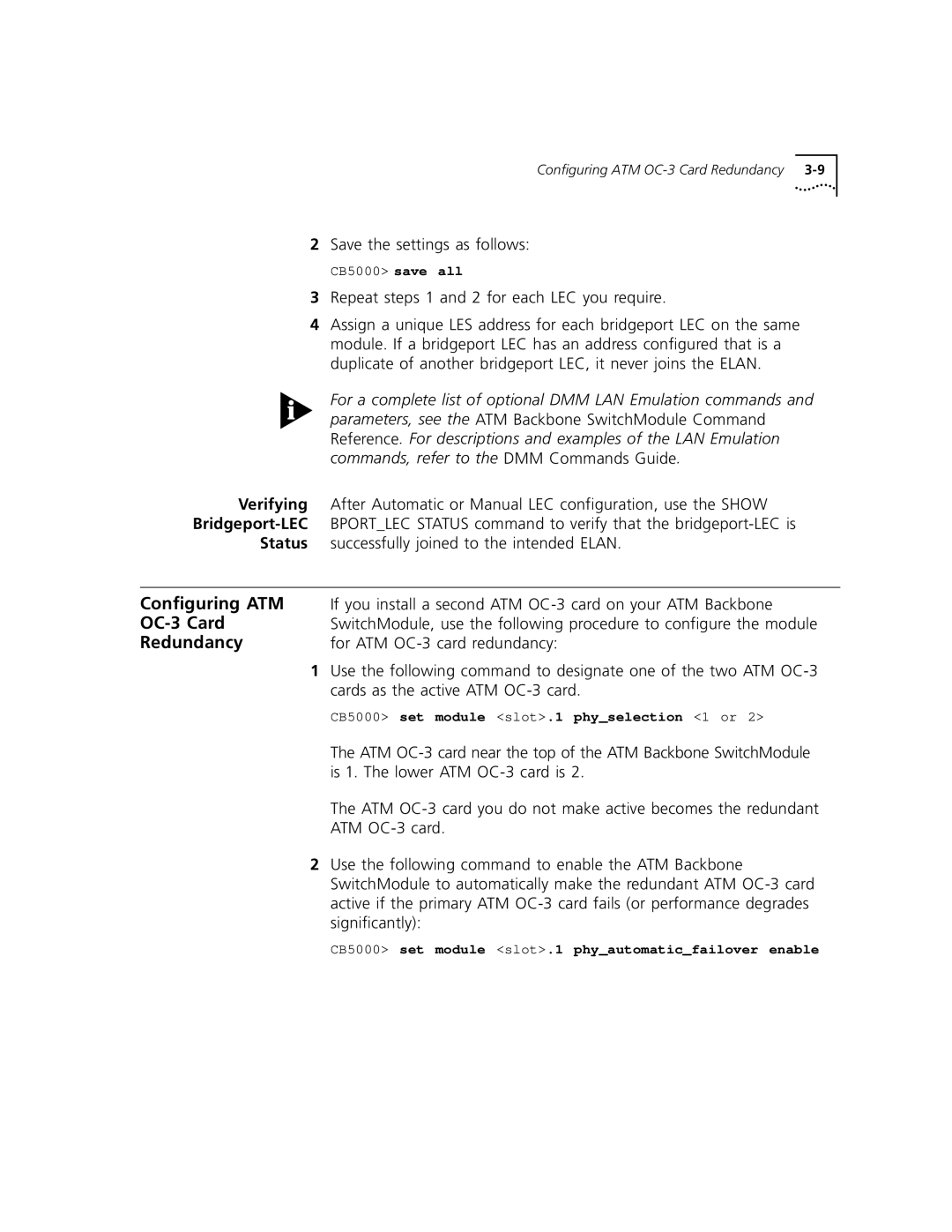 3Com 5000 ATM manual Configuring ATM, OC-3 Card, Redundancy, CB5000 set module slot.1 physelection 1 or 