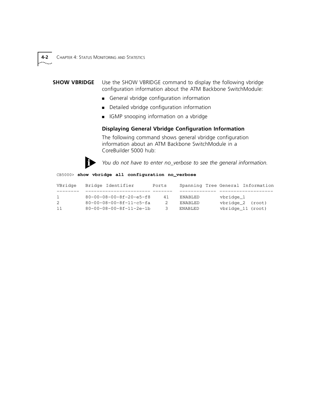 3Com 5000 ATM manual Displaying General Vbridge Configuration Information, CB5000 show vbridge all configuration noverbose 