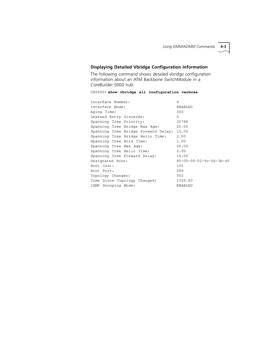 3Com 5000 ATM manual Displaying Detailed Vbridge Configuration Information, CB5000 show vbridge all configuration verbose 