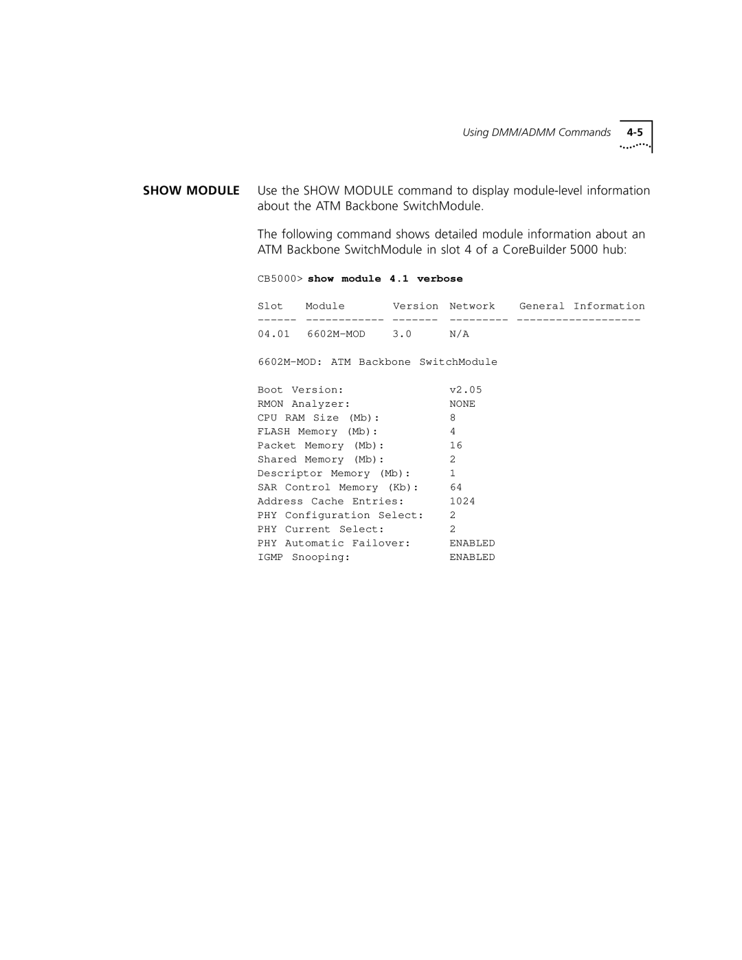 3Com 5000 ATM manual CB5000 show module 4.1 verbose 