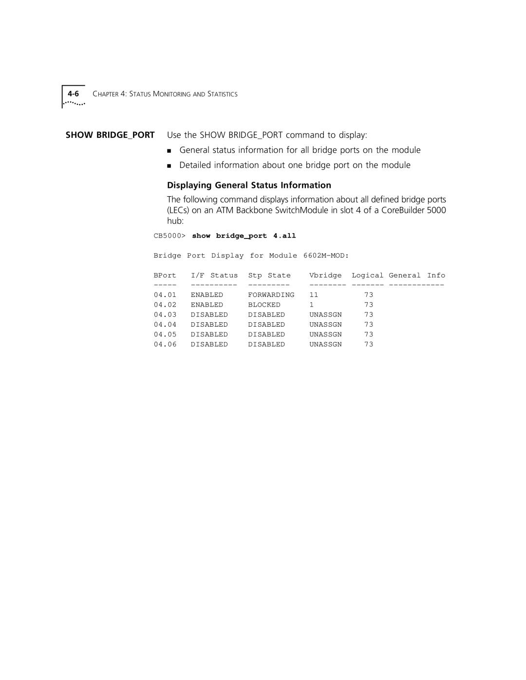 3Com 5000 ATM manual Displaying General Status Information, CB5000 show bridgeport 4.all 