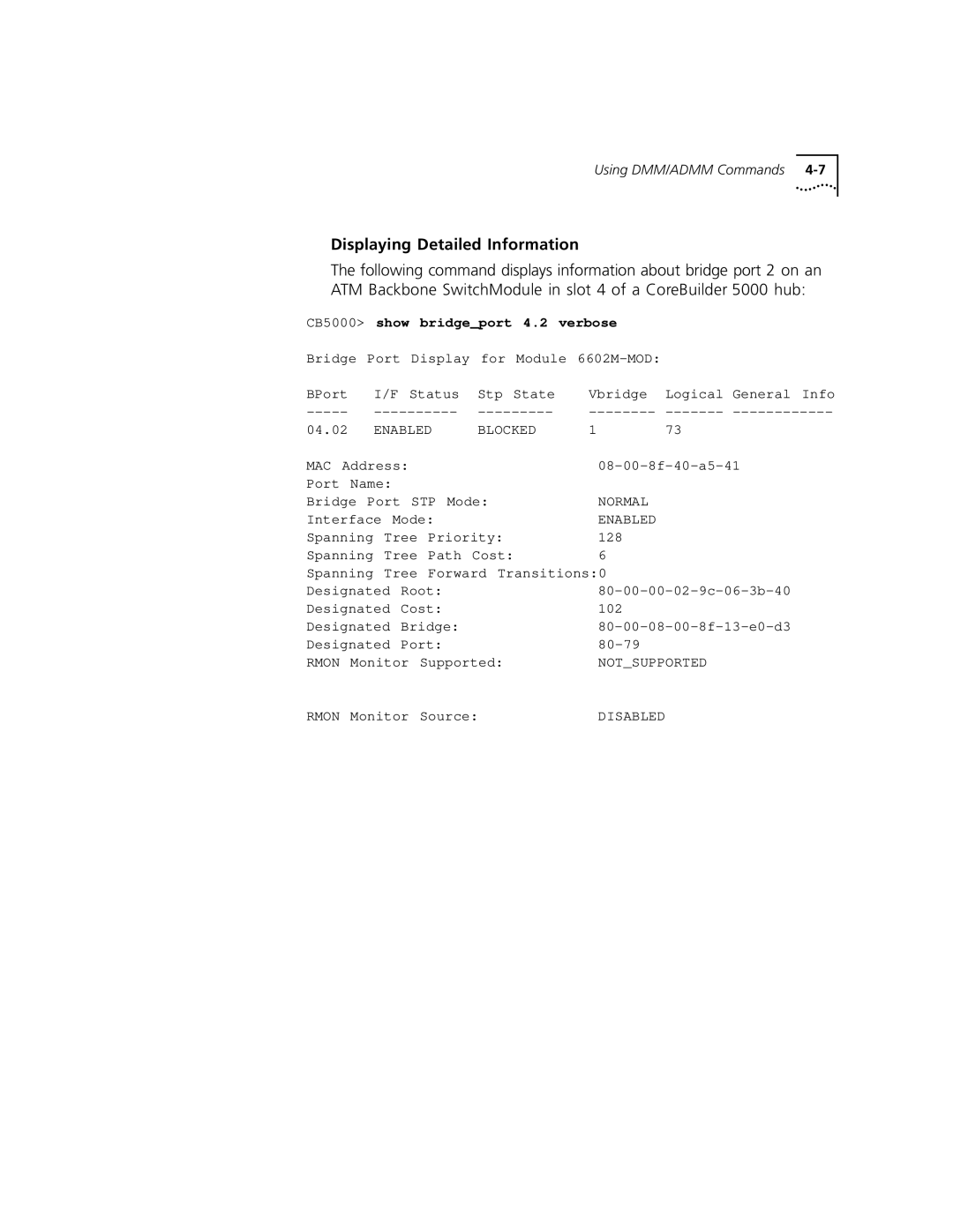 3Com 5000 ATM manual Displaying Detailed Information, CB5000 show bridgeport 4.2 verbose 