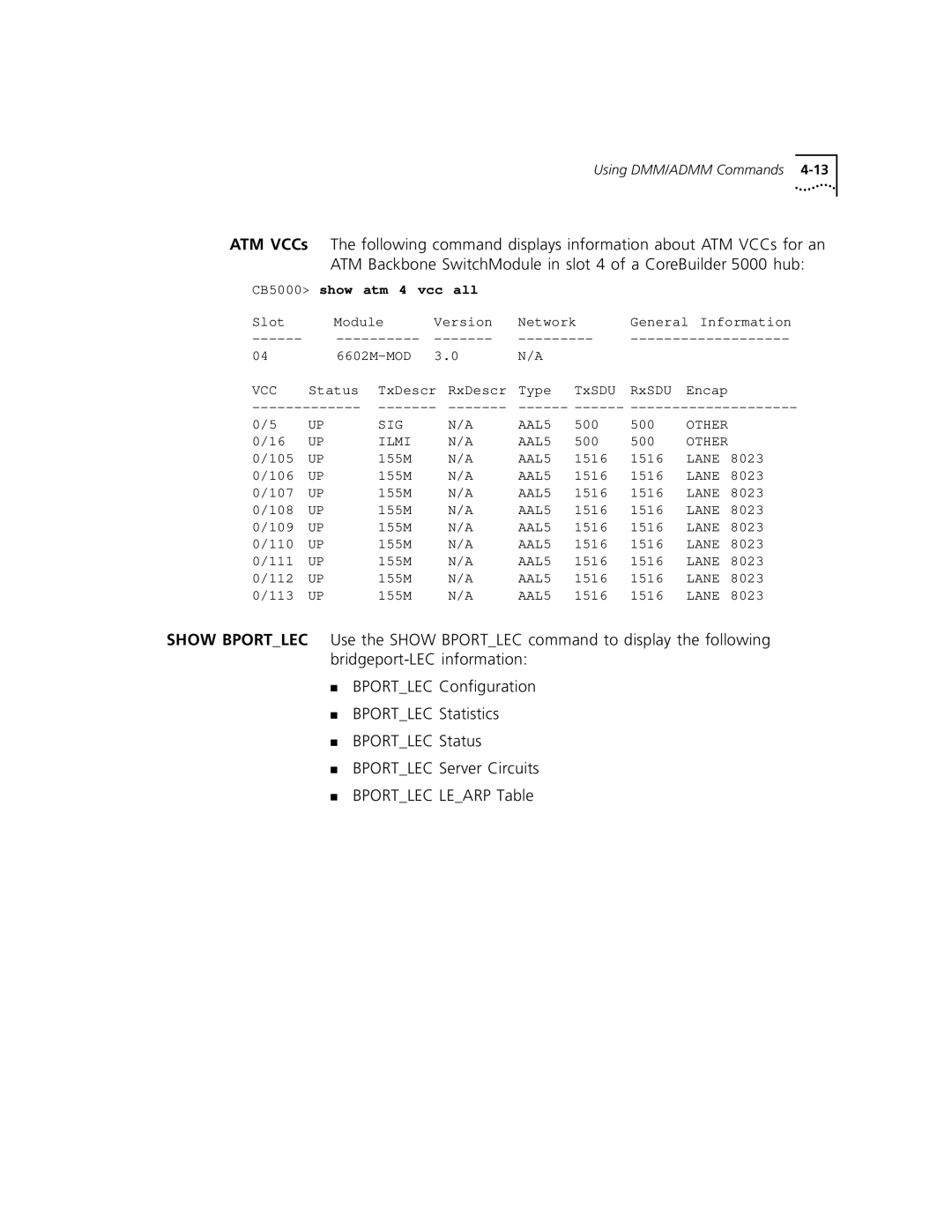 3Com 5000 ATM manual CB5000 show atm 4 vcc all 