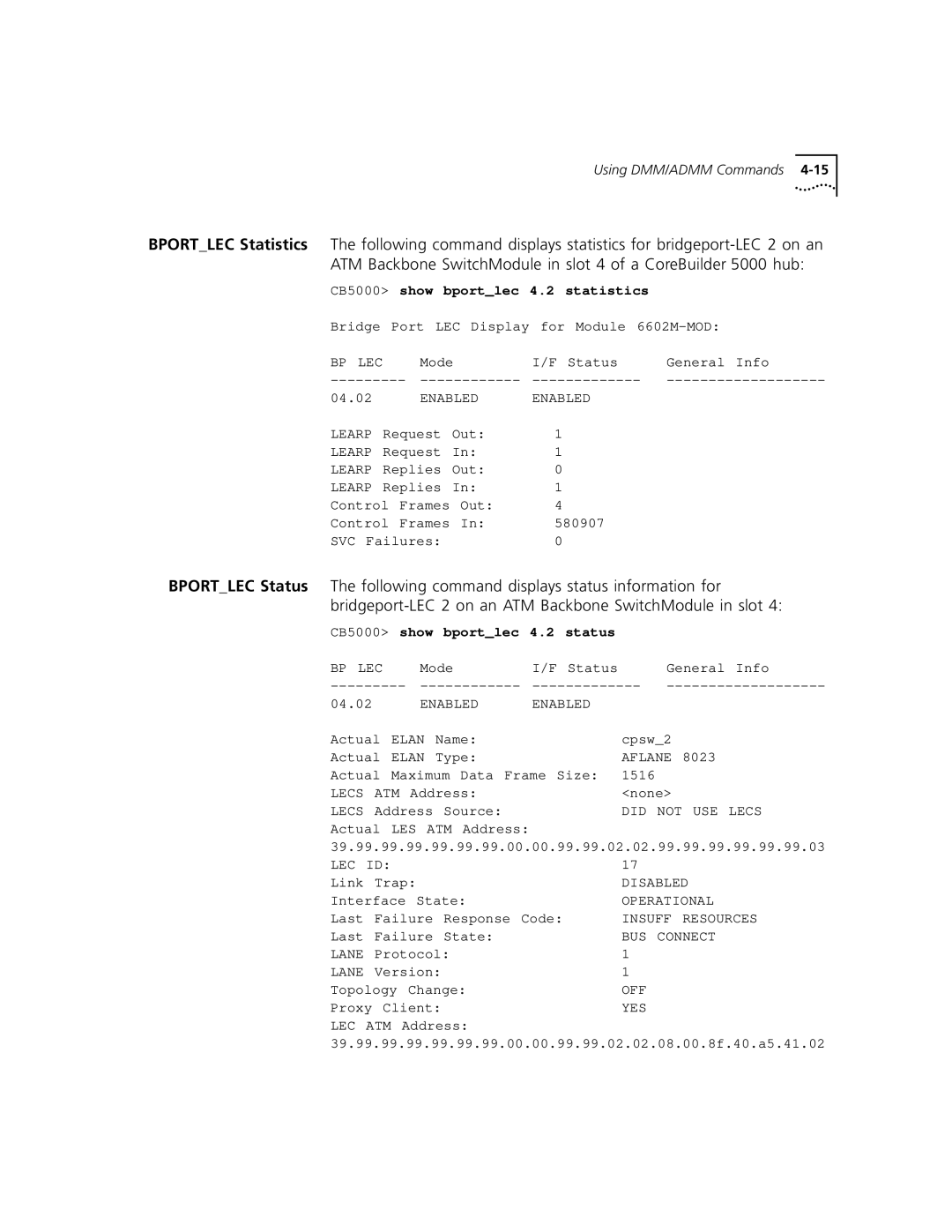 3Com 5000 ATM manual CB5000 show bportlec 4.2 statistics, CB5000 show bportlec 4.2 status 