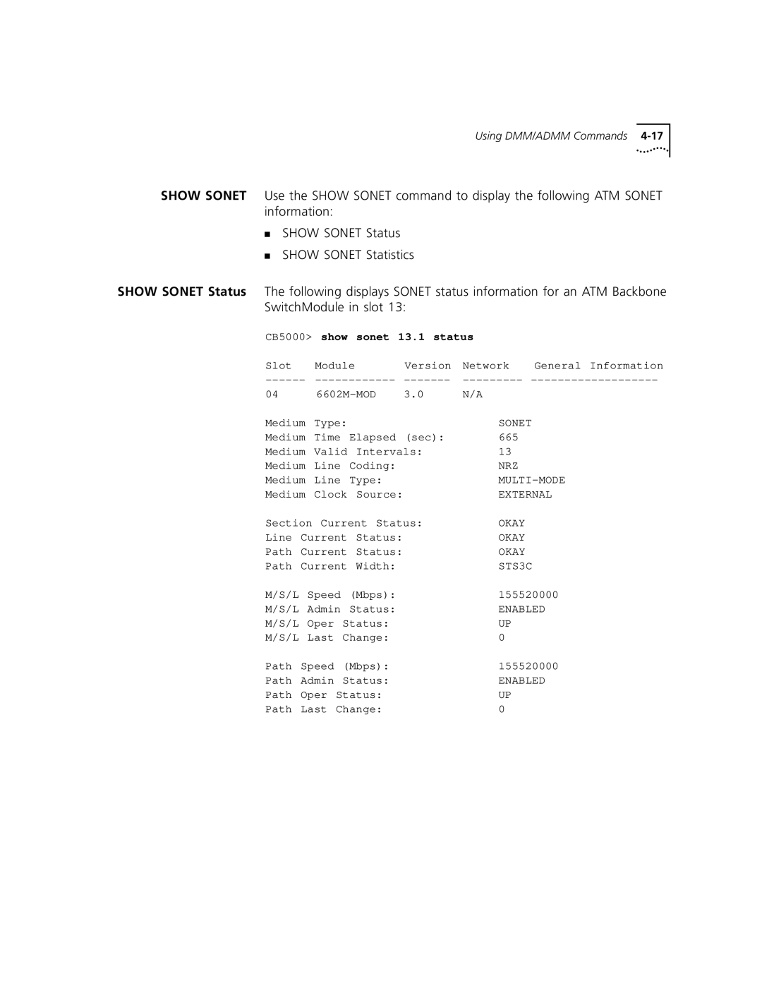 3Com 5000 ATM manual CB5000 show sonet 13.1 status 