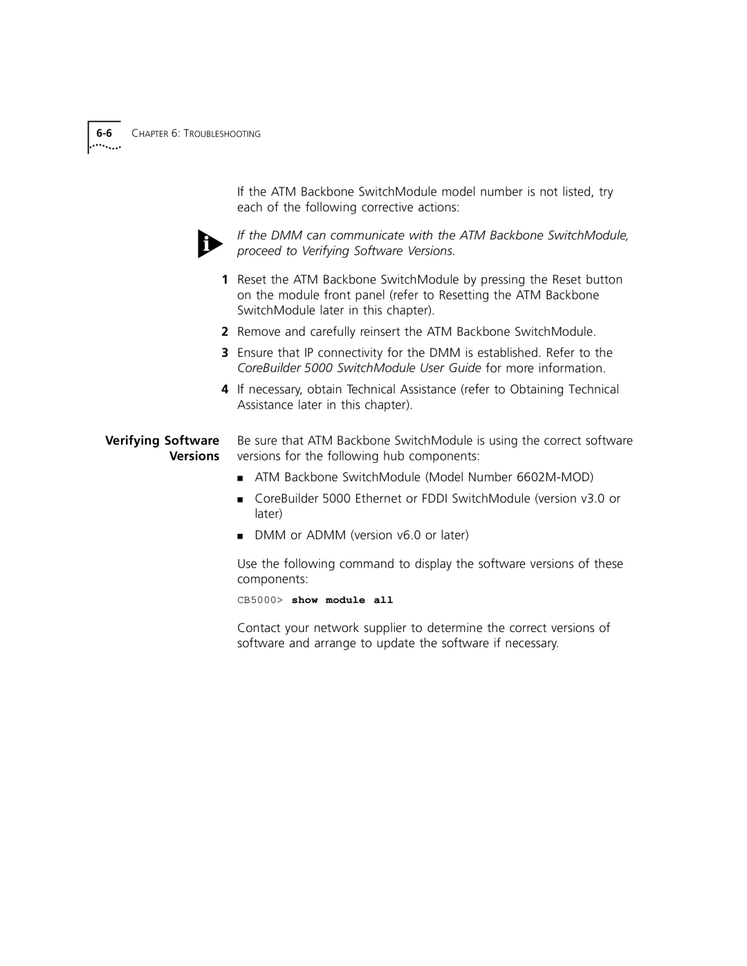 3Com 5000 ATM manual 6CHAPTER 6 Troubleshooting 