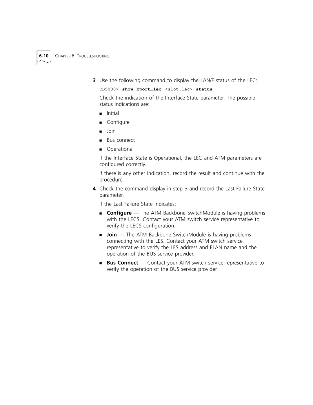 3Com 5000 ATM manual CB5000 show bportlec slot.lec status 