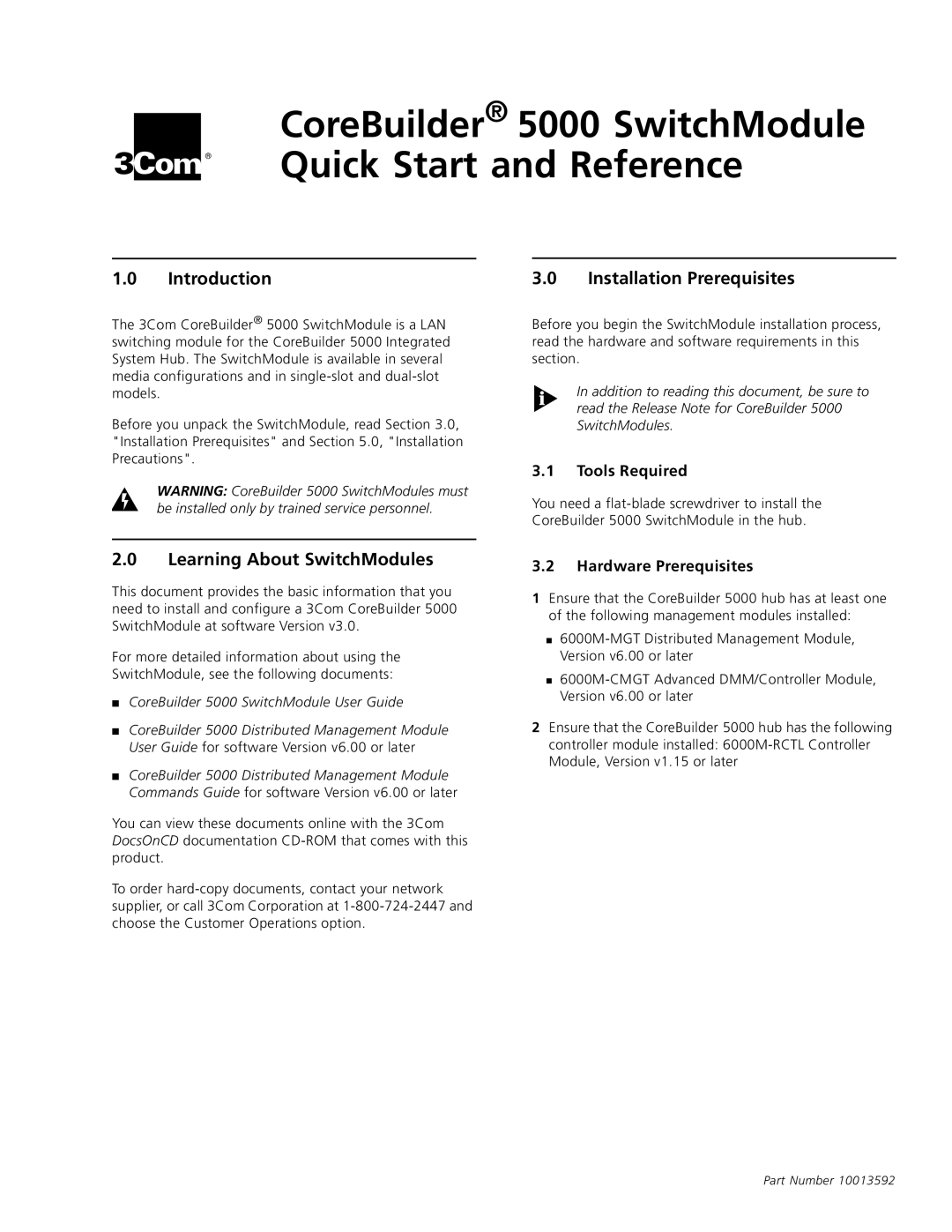 3Com 5000 quick start Introduction, Installation Prerequisites, Learning About SwitchModules, Tools Required 