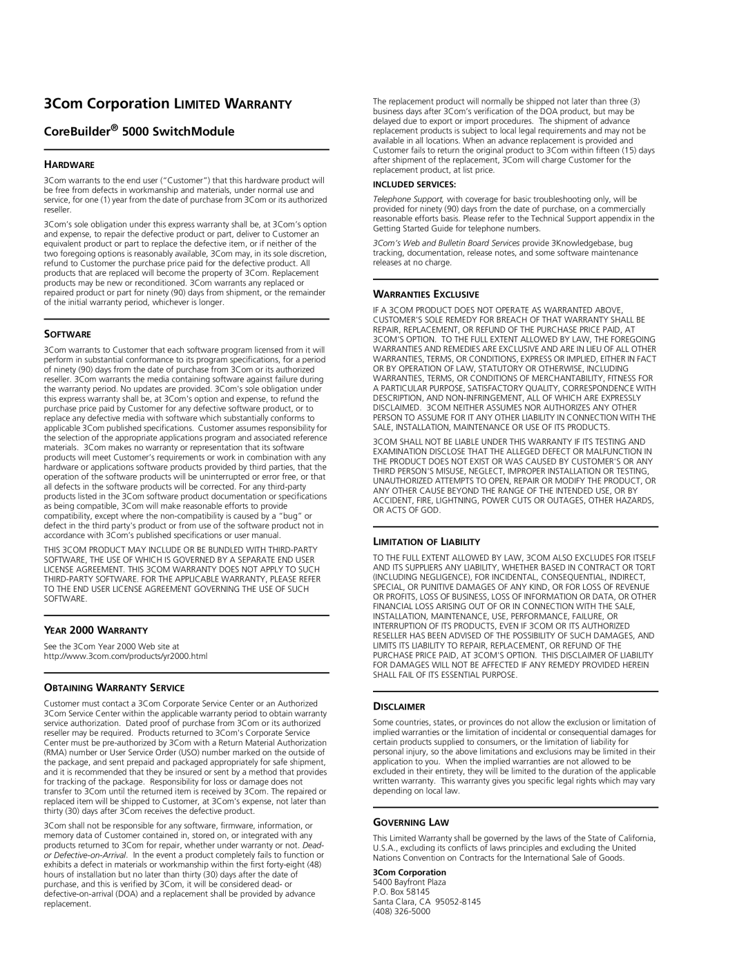 3Com quick start 3Com Corporation Limited Warranty, CoreBuilder 5000 SwitchModule 