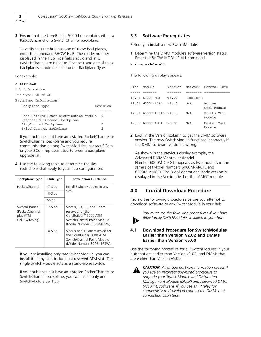 3Com 5000 quick start Crucial Download Procedure, Software Prerequisites, Backplane Type Hub Type Installation Guideline 