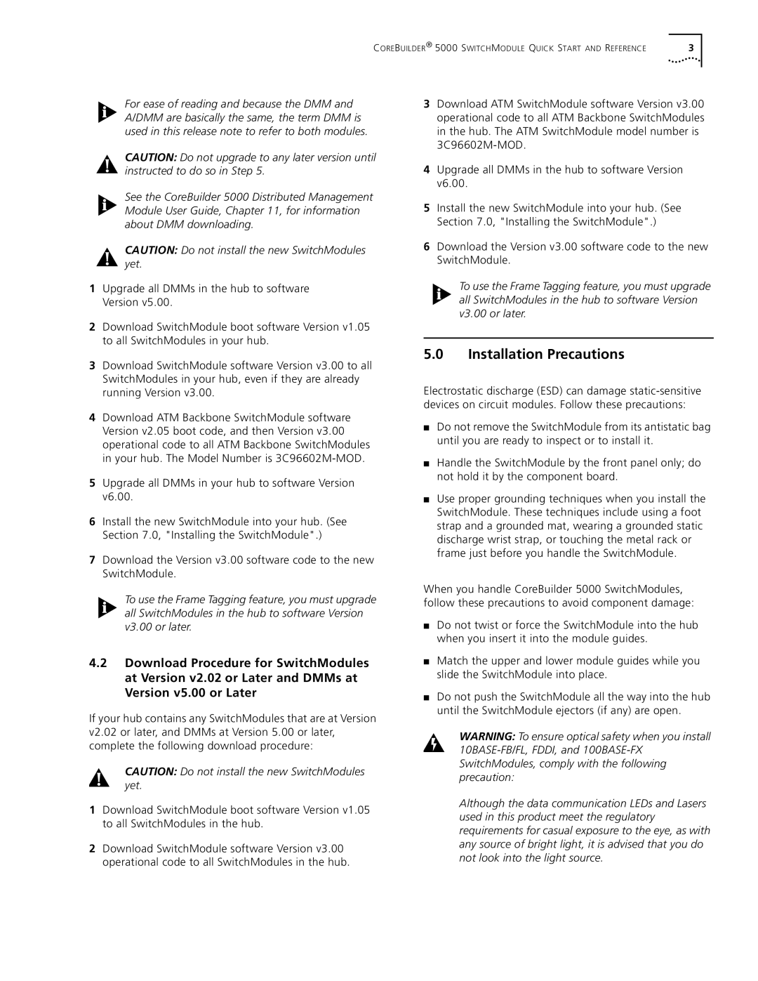 3Com 5000 quick start Installation Precautions 