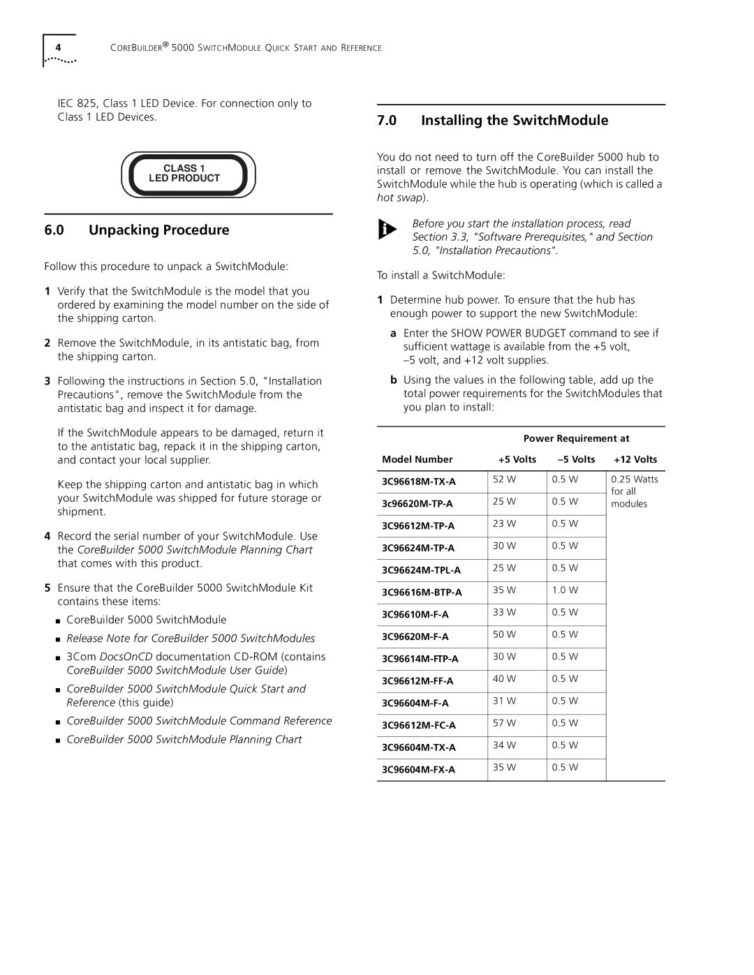 3Com 5000 quick start Unpacking Procedure, Installing the SwitchModule 