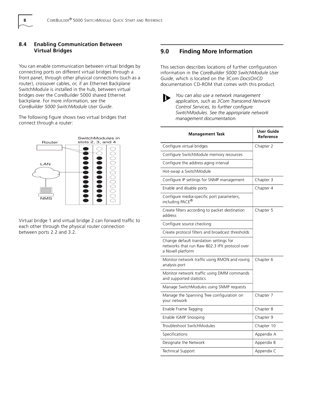 3Com 5000 Finding More Information, Enabling Communication Between Virtual Bridges, Management Task User Guide Reference 