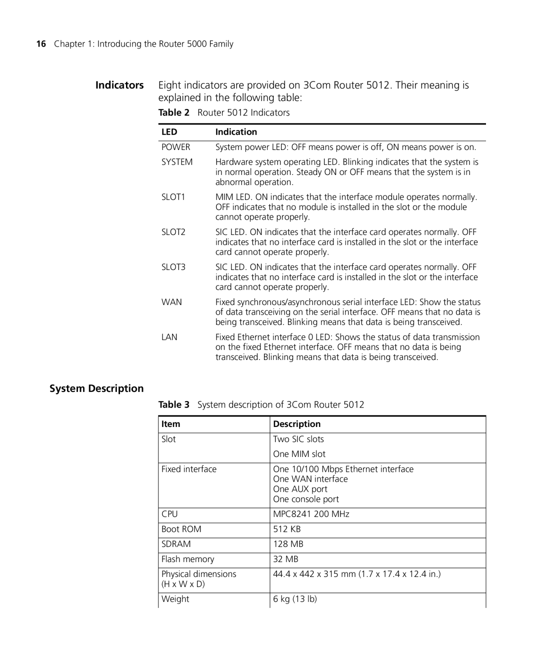 3Com 5000 manual System Description, Router 5012 Indicators, System description of 3Com Router 