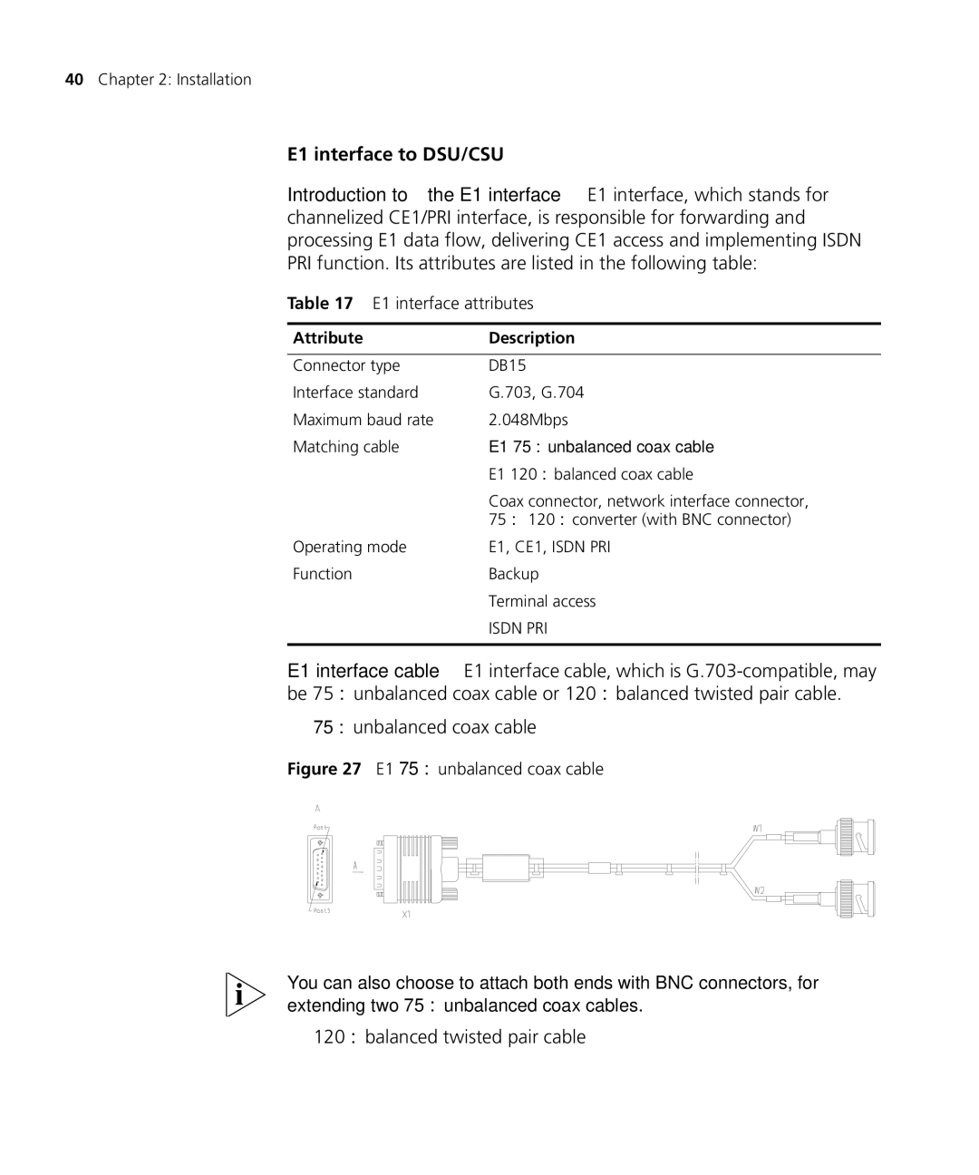 3Com 5000 E1 interface to DSU/CSU, 75Ω unbalanced coax cable, 120Ω balanced twisted pair cable, E1 interface attributes 