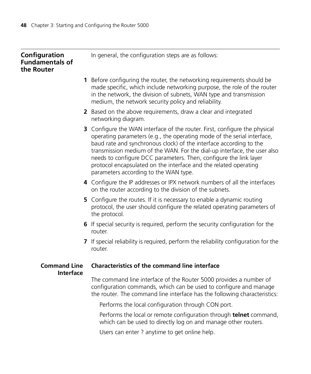 3Com 5000 manual Configuration, Fundamentals Router, Characteristics of the command line interface, Interface 