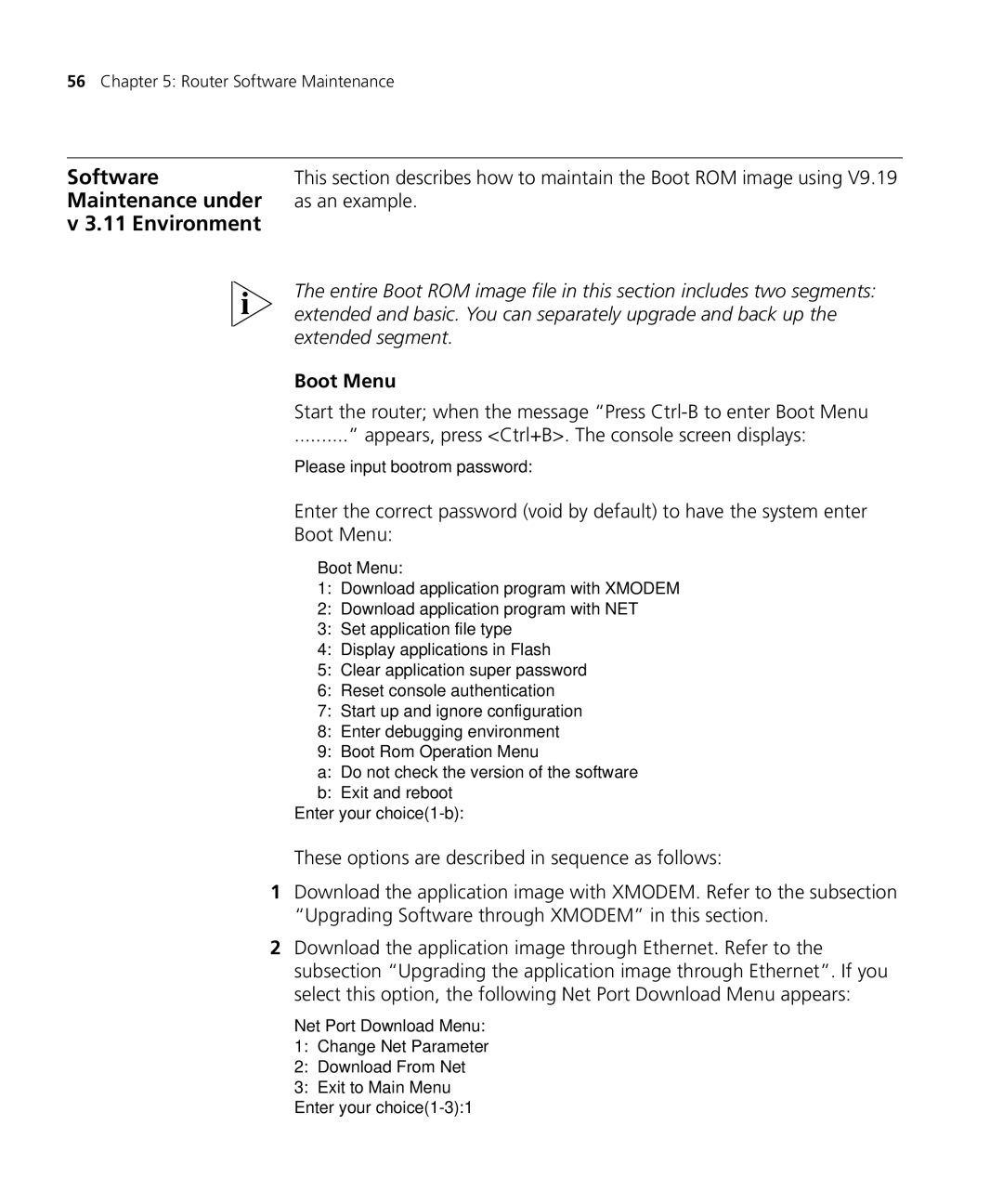 3Com 5000 manual Software, Maintenance under, Environment, Boot Menu 