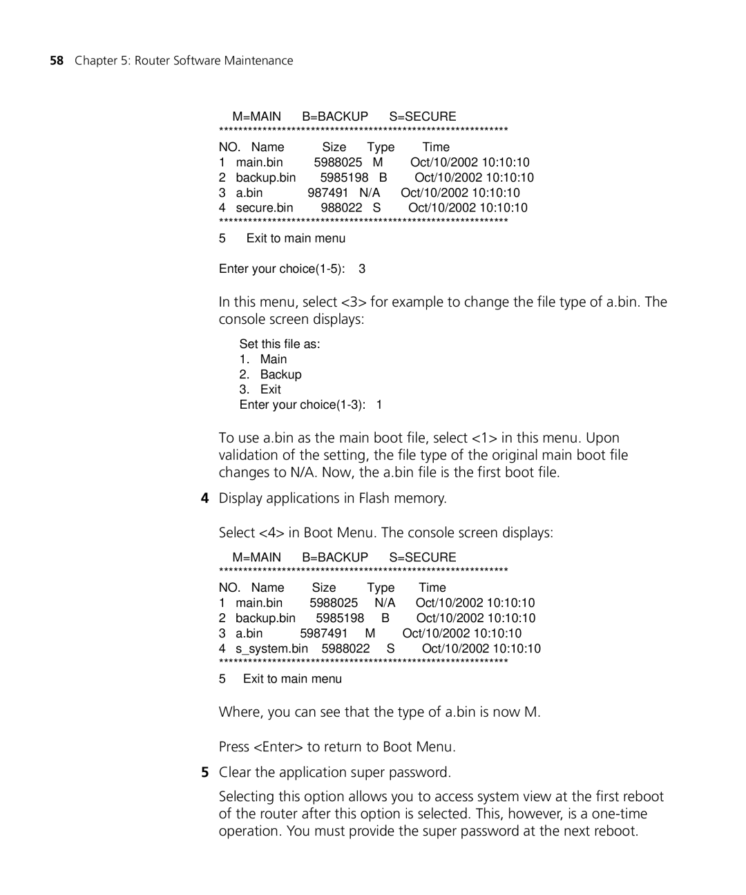 3Com 5000 manual =Main B=Backup S=Secure 