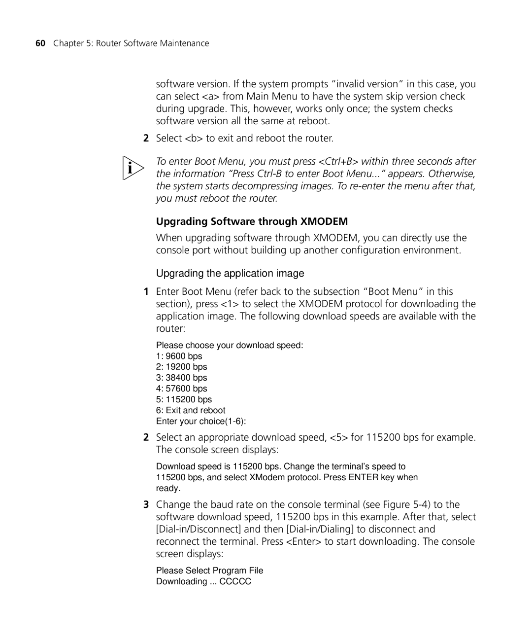 3Com 5000 manual Upgrading Software through Xmodem, Upgrading the application image 