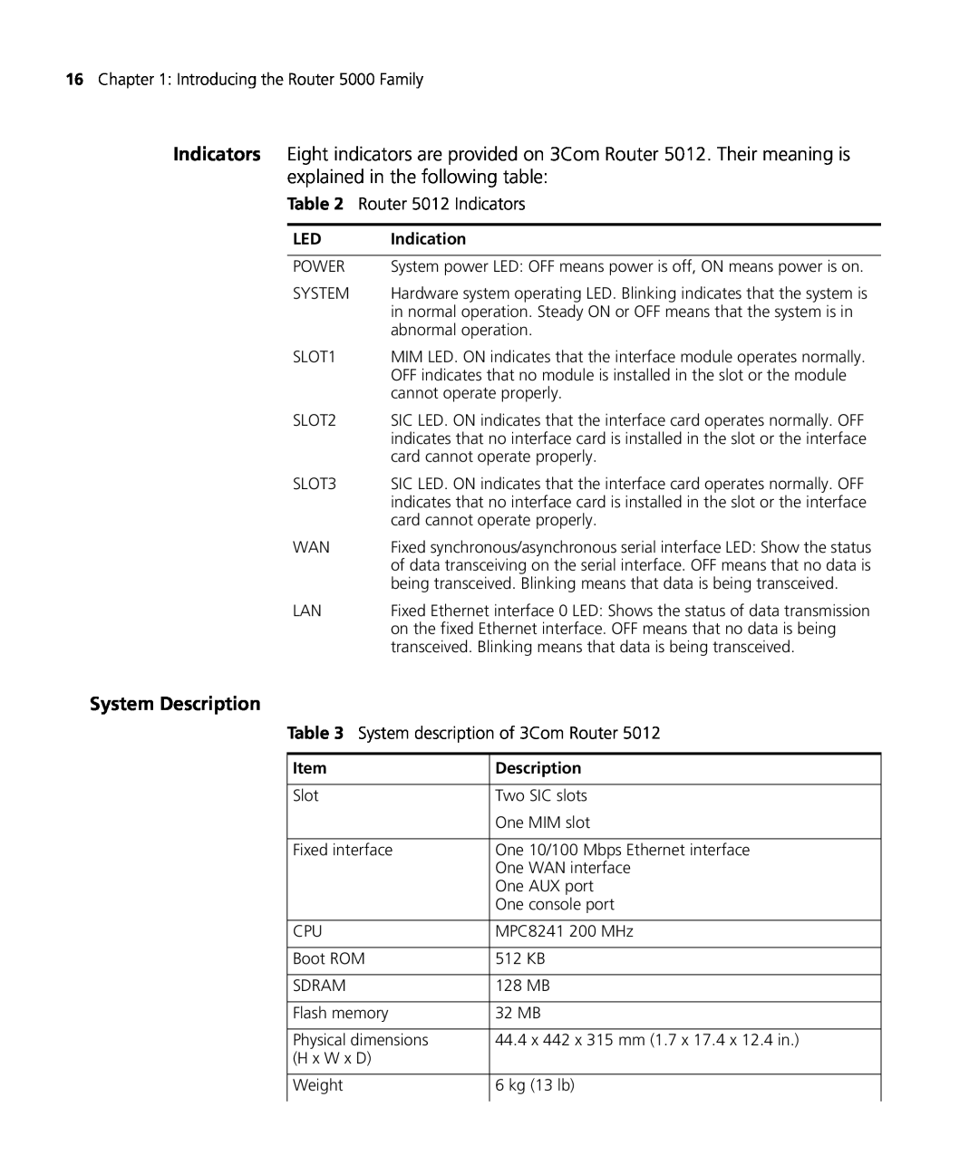 3Com 5000 manual System Description, Router 5012 Indicators, System description of 3Com Router, Indication 