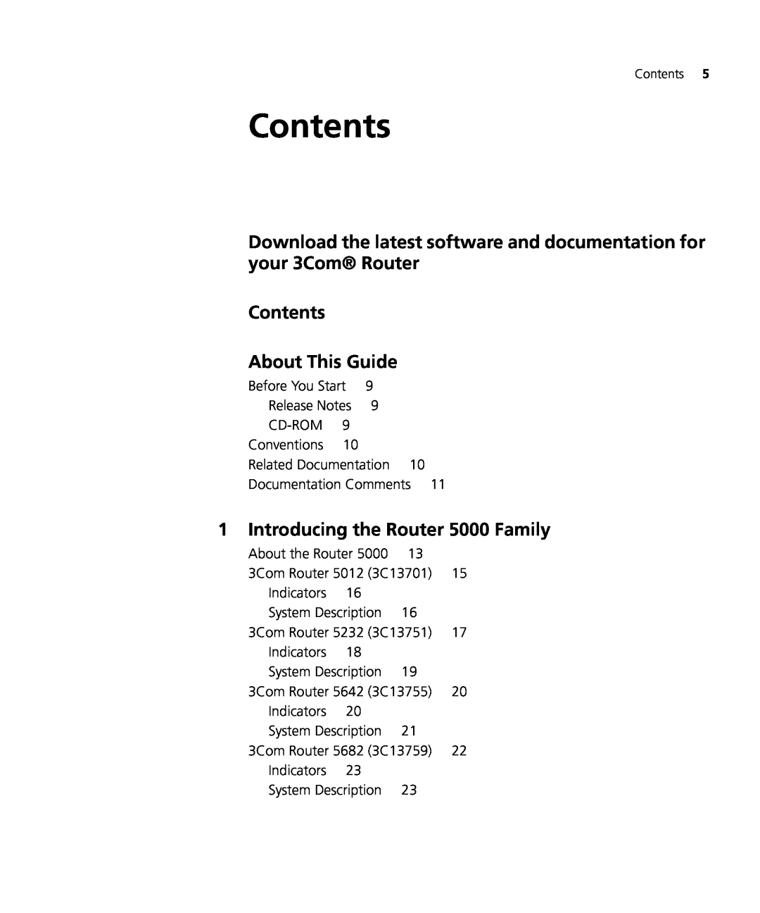 3Com 5000 manual Download the latest software and documentation for your 3Com Router, Contents About This Guide 