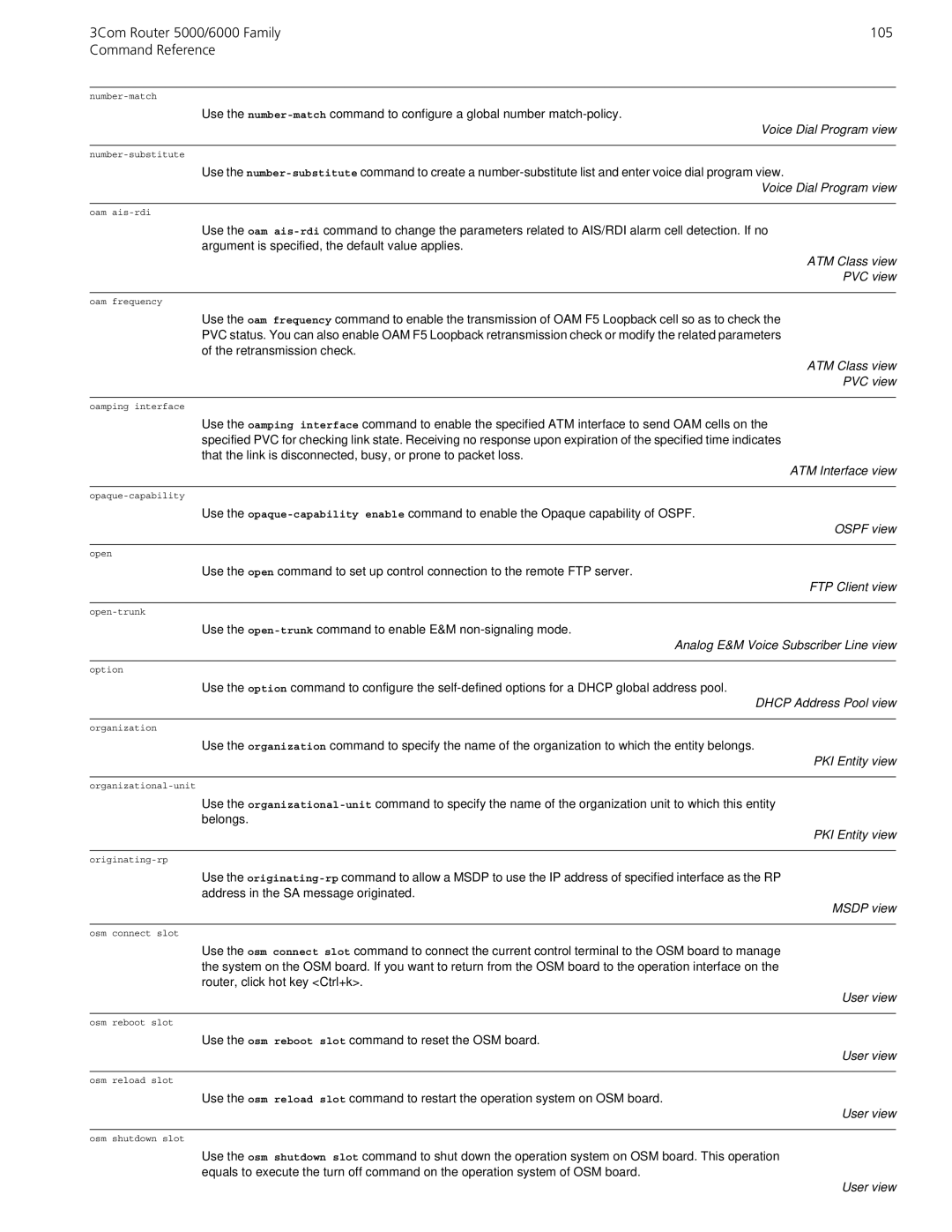 3Com 3Com Router 5000/6000 Family 105 Command Reference, ATM Class view PVC view, Analog E&M Voice Subscriber Line view 