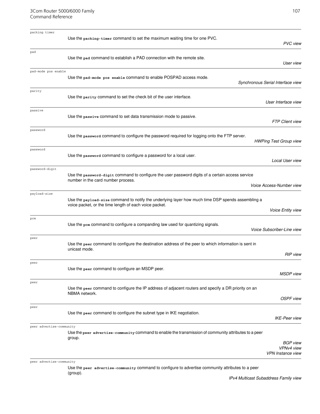 3Com manual 3Com Router 5000/6000 Family 107 Command Reference, BGP view VPNv4 view VPN Instance view 