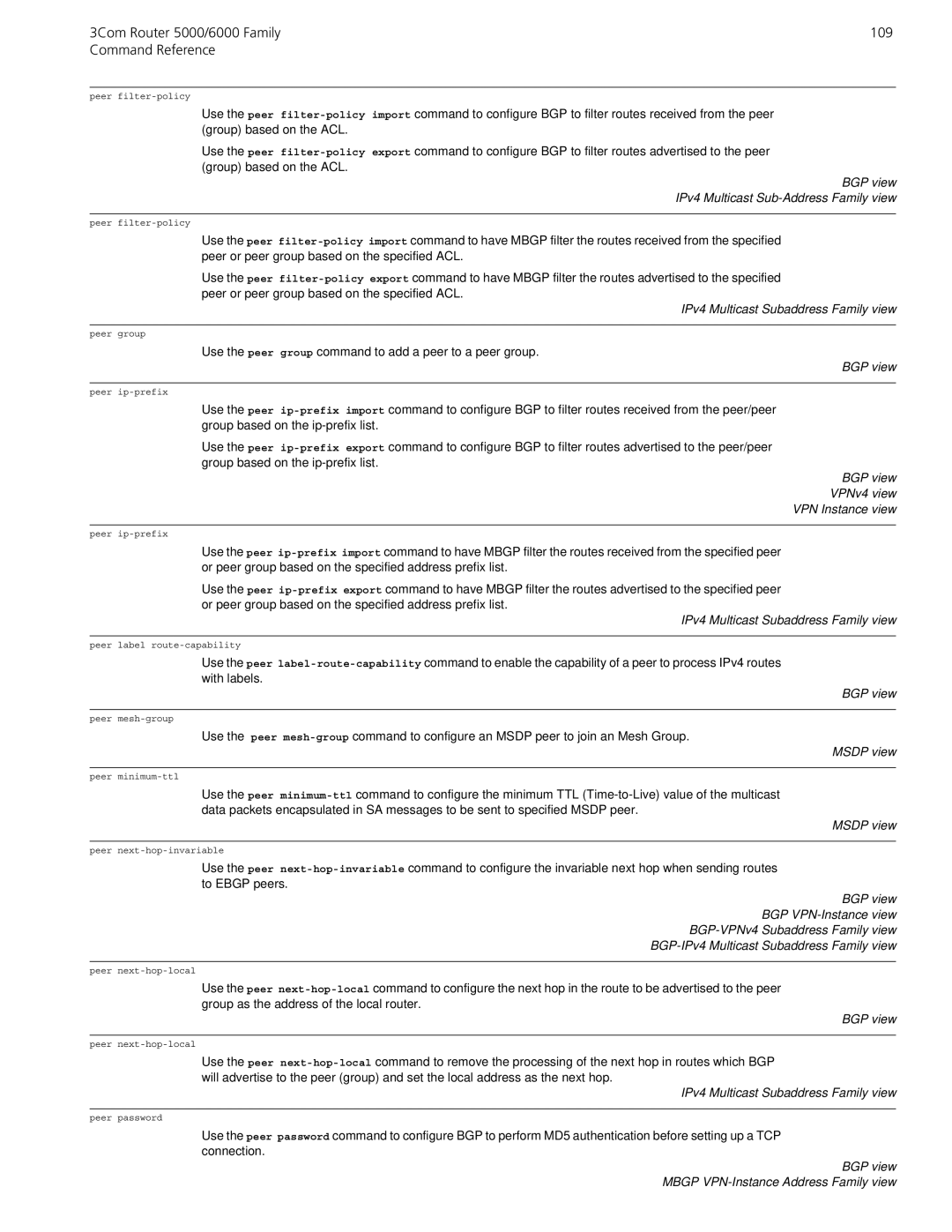 3Com manual 3Com Router 5000/6000 Family 109 Command Reference, BGP view IPv4 Multicast Sub-Address Family view 