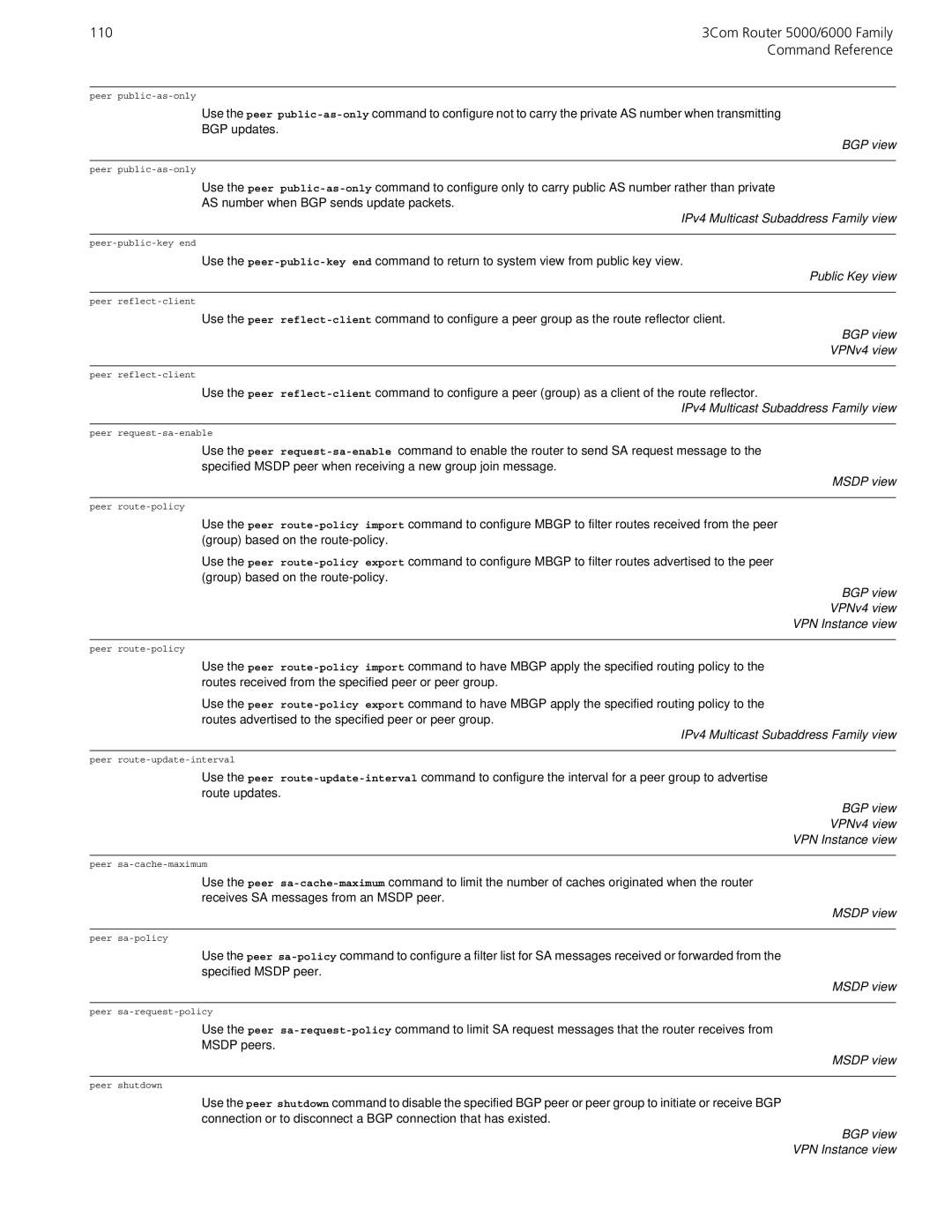 3Com 5000/6000 manual Public Key view, BGP view VPNv4 view 