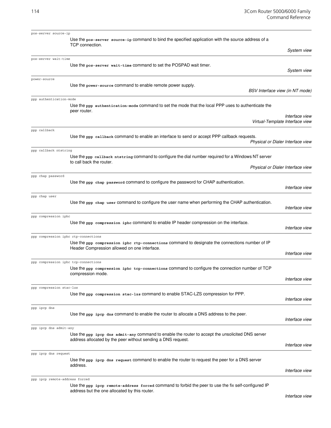 3Com 5000/6000 manual BSV Interface view in NT mode, Interface view Virtual-Template Interface view 