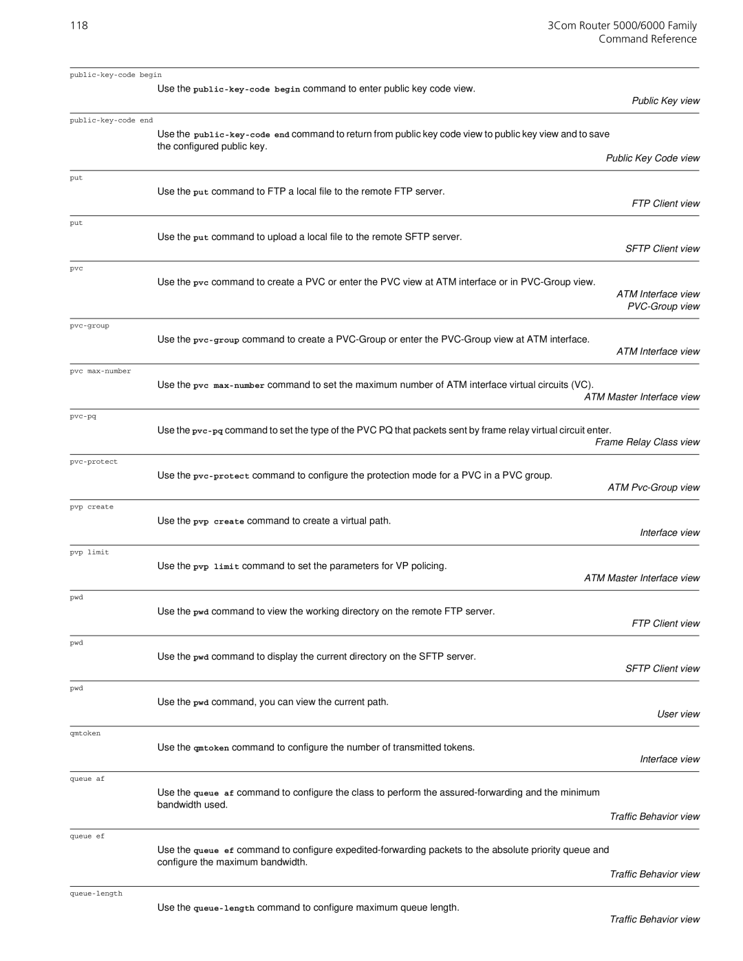 3Com 5000/6000 manual Public Key Code view, ATM Interface view PVC-Group view 