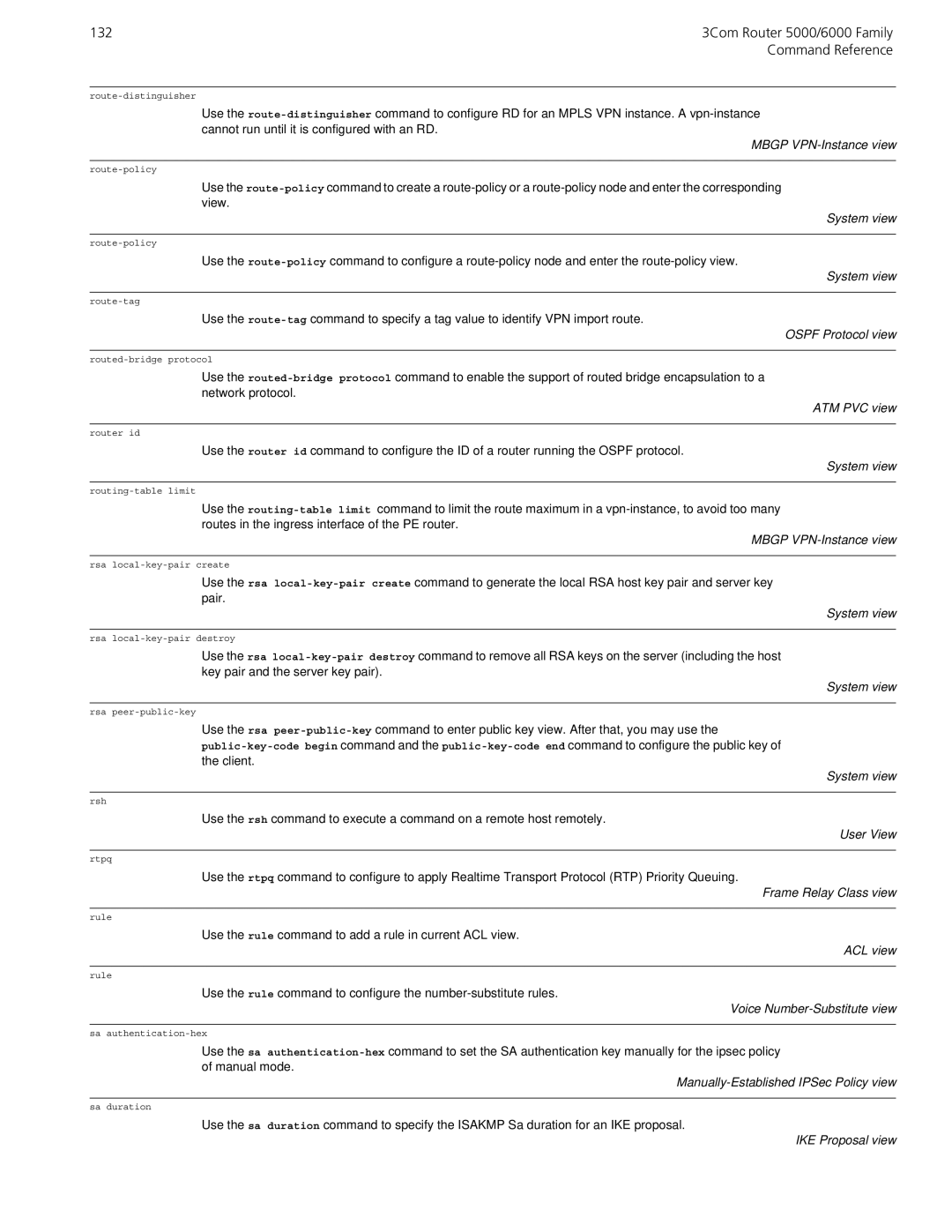 3Com 5000/6000 manual Mbgp VPN-Instance view, Manually-Established IPSec Policy view 