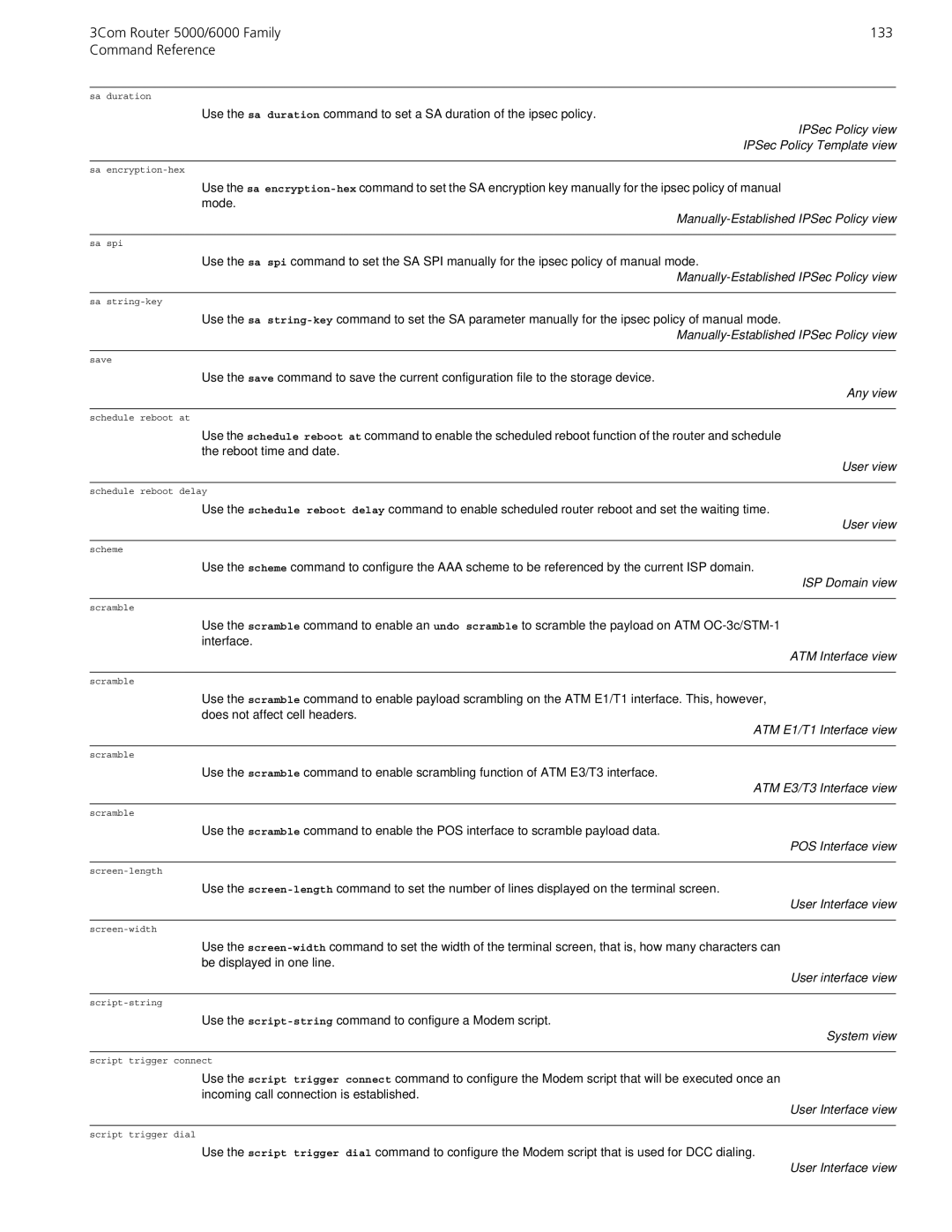 3Com manual 3Com Router 5000/6000 Family 133 Command Reference, IPSec Policy view IPSec Policy Template view 