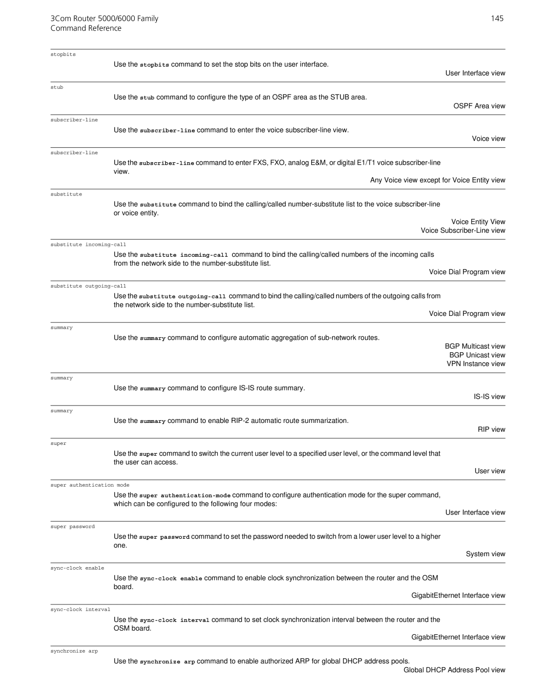 3Com manual 3Com Router 5000/6000 Family 145 Command Reference, Any Voice view except for Voice Entity view 