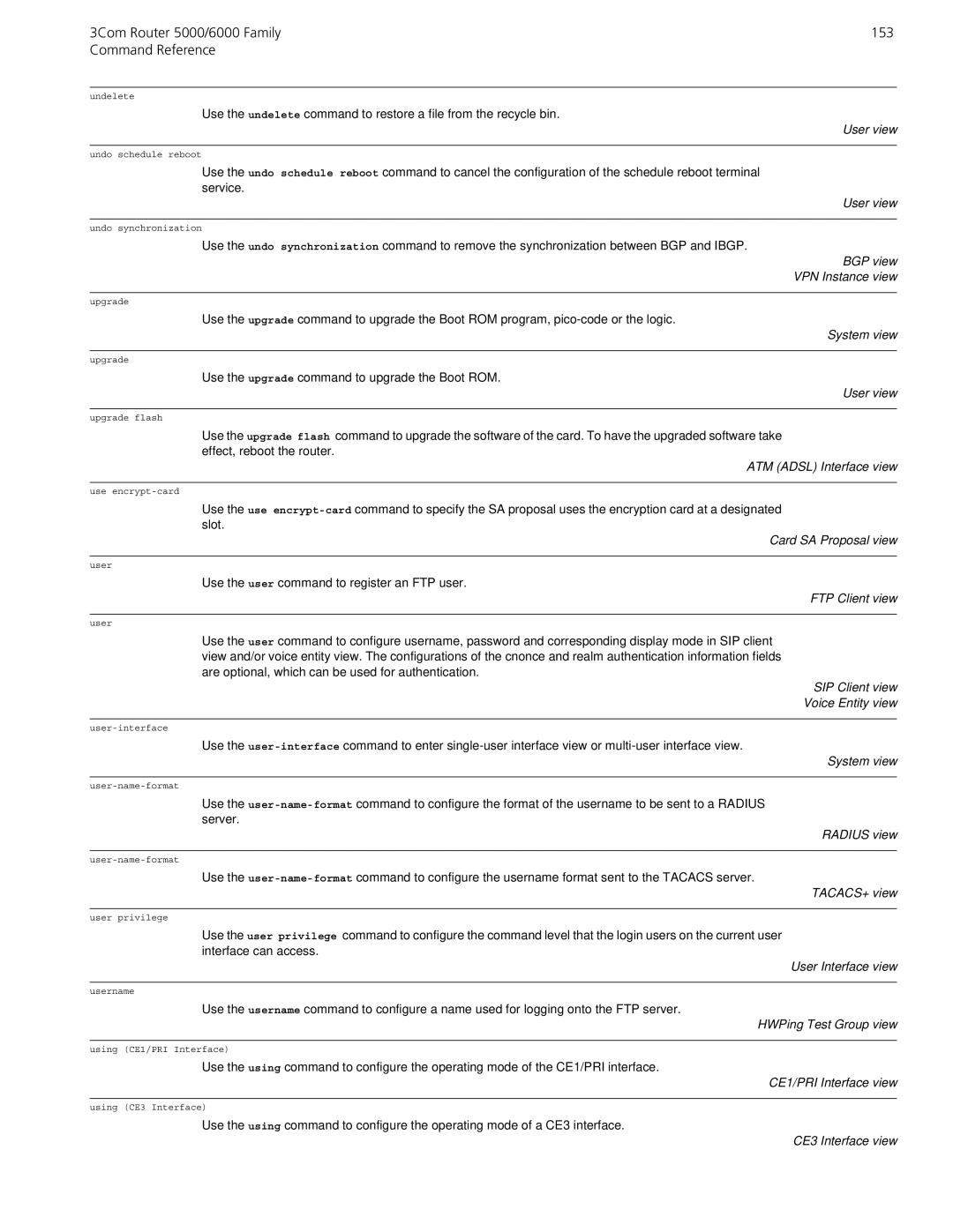 3Com manual 3Com Router 5000/6000 Family 153 Command Reference, Card SA Proposal view, SIP Client view Voice Entity view 