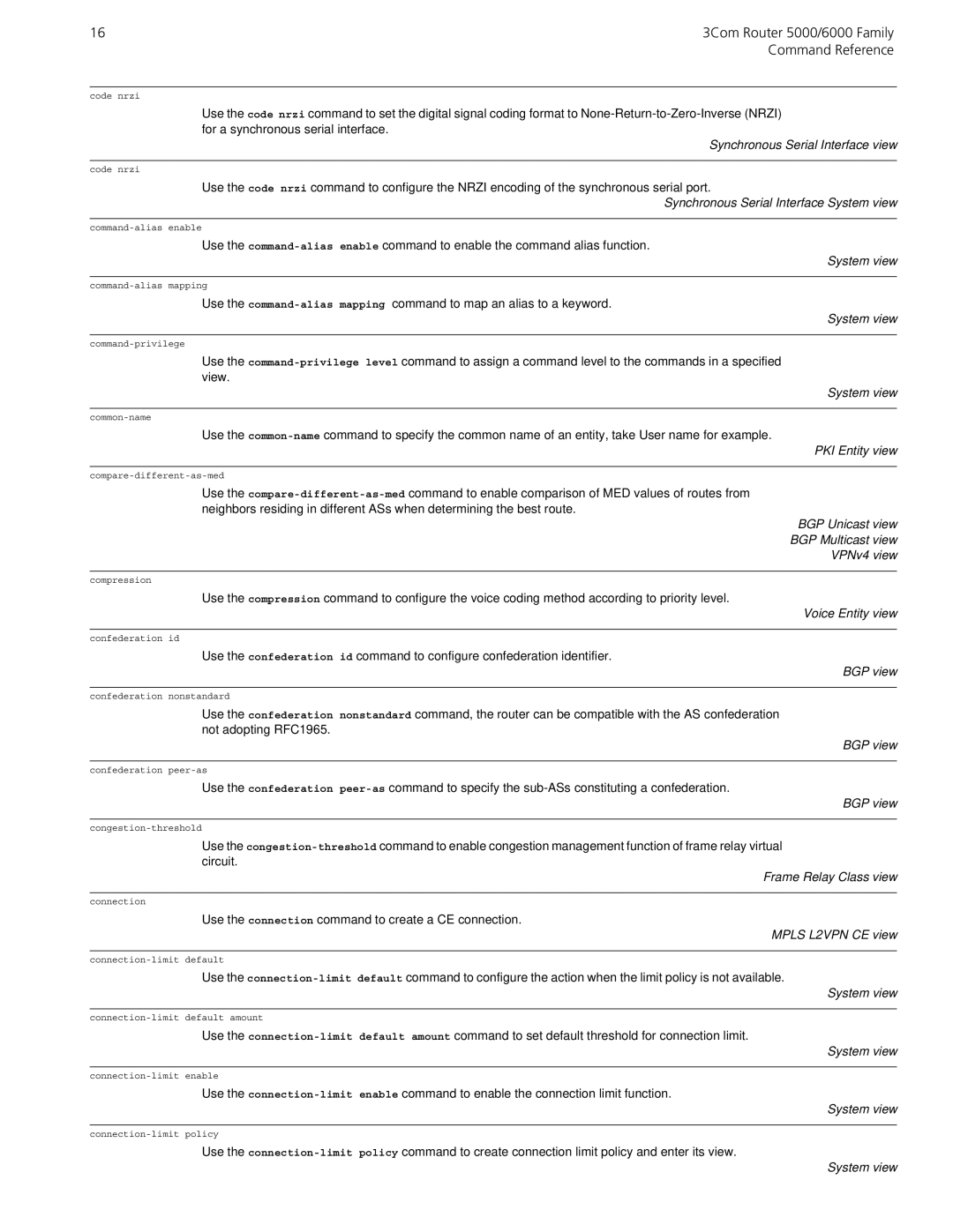 3Com 5000/6000 Synchronous Serial Interface System view, PKI Entity view, BGP Unicast view BGP Multicast view VPNv4 view 